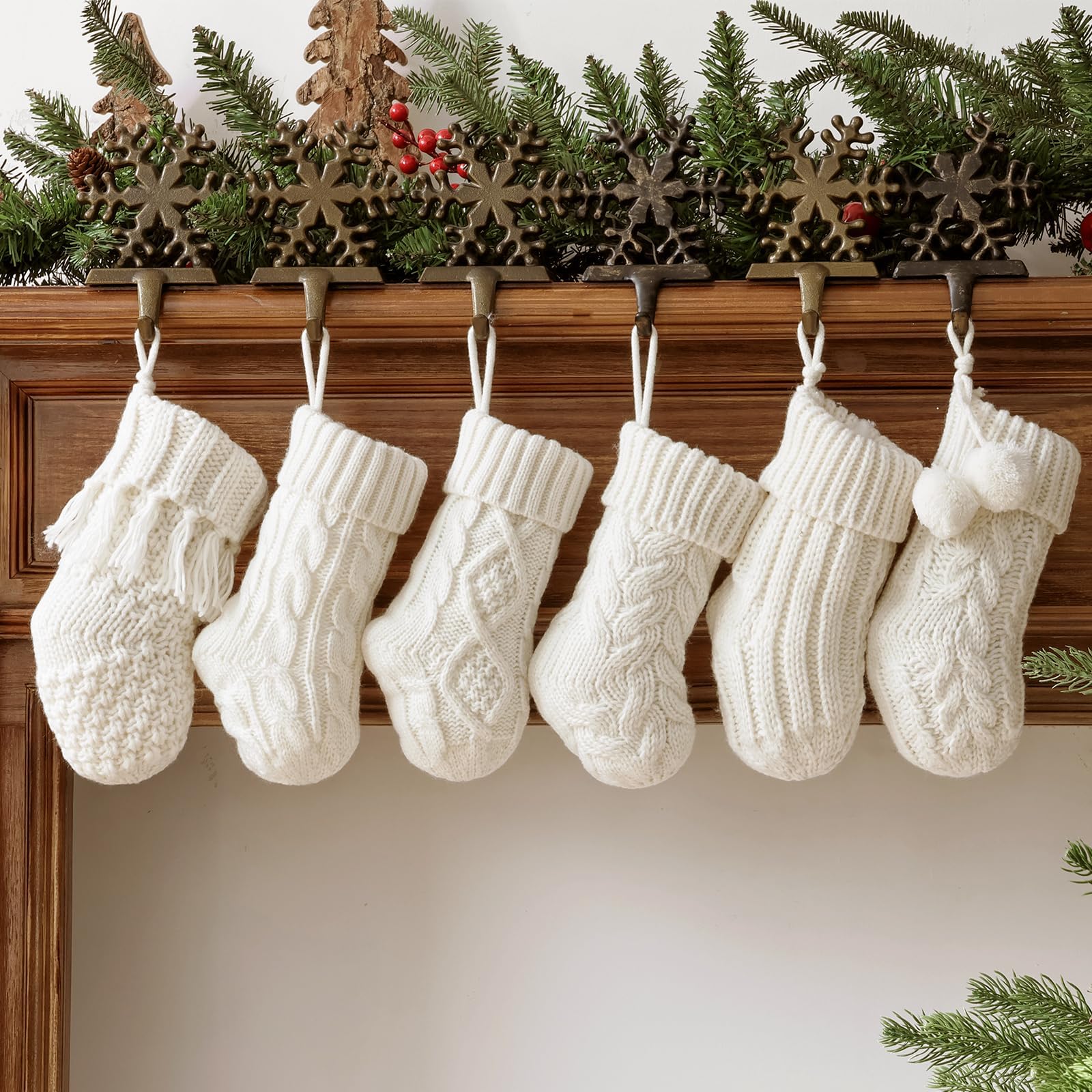 6 Pack Mini Knitted Christmas Stockings - 9 Inch Beige Cable Knit Fireplace Stockings for Holiday Decor | Rustic Boho Style Handmade Xmas Stocking Decorations | Perfect for Family Christmas, Fireplace Mantel & Cozy Home Décor (Cream White)