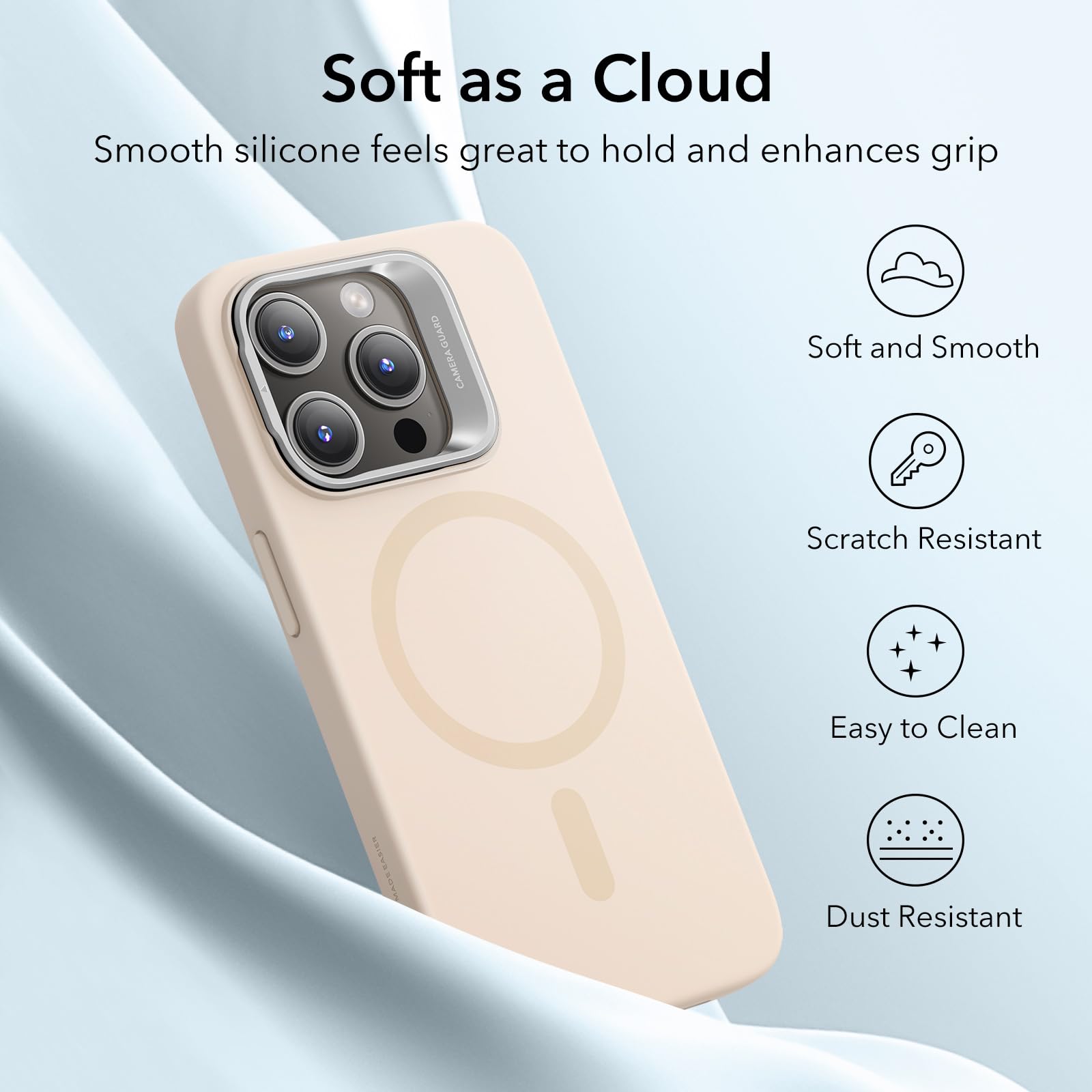 ESR for iPhone 15 Pro Case with MagSafe - Military-Grade Protective Silicone Cover with Stand & Built-in Camera Stash | Magnetic Phone Case for iPhone 15 Pro (Cloud Series, Light Tan) | Perfect for Work, Travel & Everyday Use