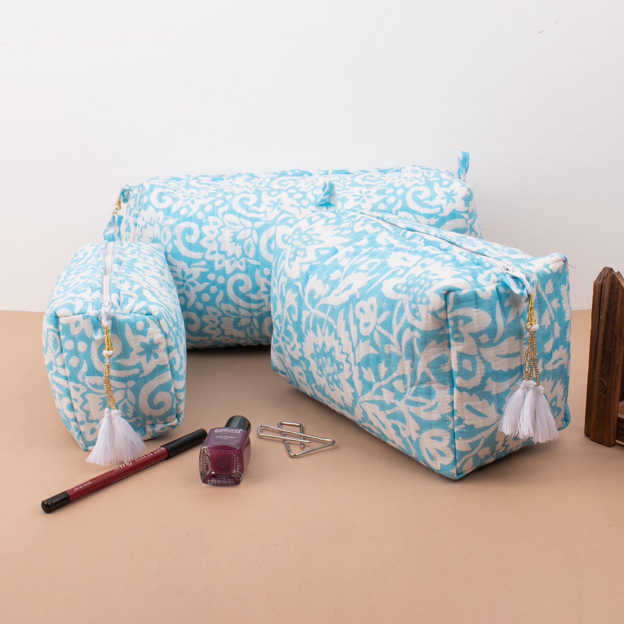 Handmade Cotton Block Print Sarong & Makeup Bag Set - Beach Pareo Wrap & Mini Cosmetic Pouch Combo - Perfect for Vacation, Poolside, Travel & Gift Giving
