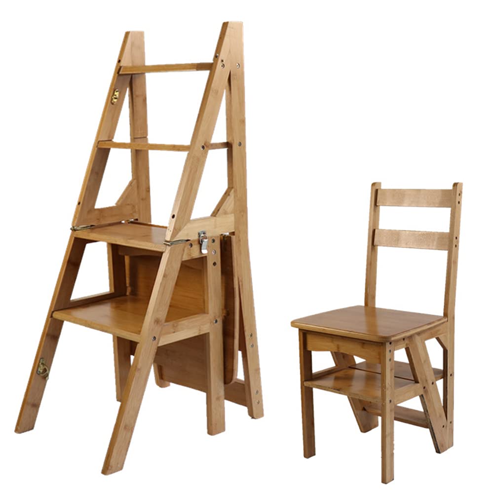 Solid Wood 4-Step Folding Ladder Stool - Dual Use Indoor Climbing Step Stool for Kitchen, Bathroom, and Storage - Heavy Duty Foldable Wooden Step Stool for Home & Office Use
