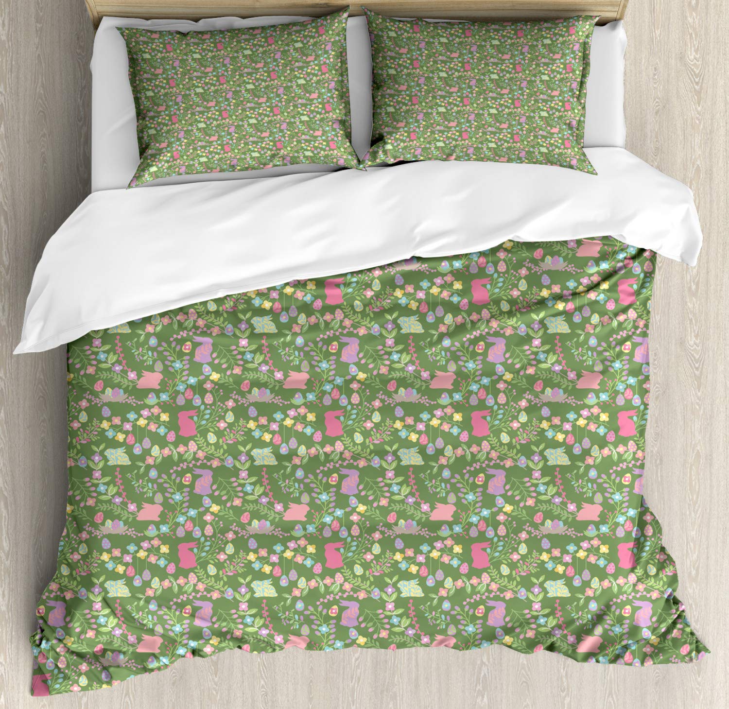 Ambesonne Easter Duvet Cover Set - Floral Egg & Rabbit Design in Pastel Tones, 3-Piece Queen Size Bedding Set with 2 Pillow Shams, Reseda Green Multicolor - Perfect for Spring Decor, Easter Bedroom, and Pastel-Themed Home Styling