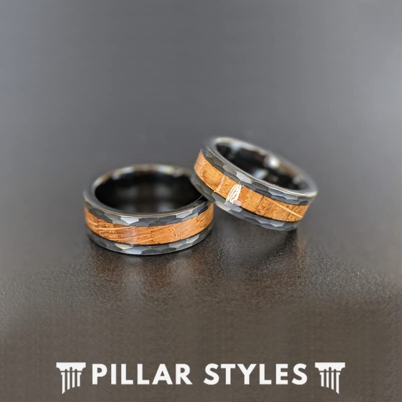 8mm Black Hammered Tungsten Wedding Band for Men with Bourbon Wood Inlay - Durable Mens Ring, Whiskey Barrel Inspired Jewelry - Perfect for Anniversary Gifts, Weddings & Bourbon Lovers (Wooden Inlay Ring)