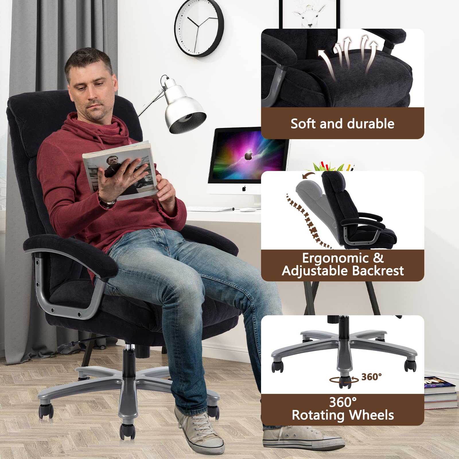 CLATINA Ergonomic Big and Tall Executive Office Chair - 400lbs High Capacity, Adjustable Height with Thick Padding, Headrest & Armrest - Upholstered Swivel Chair for Home Office (Black) - Perfect for Long Work Hours and Comfortable Workspaces