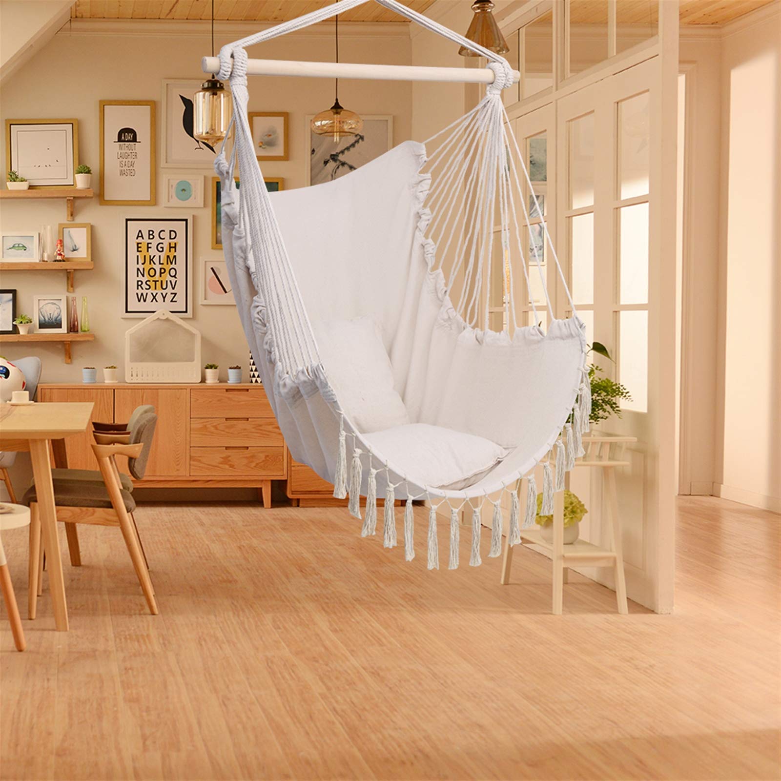 Beige Tassel Hanging Chair with Cushions - Indoor/Outdoor Hammock Swing for Bedroom, Garden, Yard, Patio & Porch - Perfect Relaxation & Boho Decor