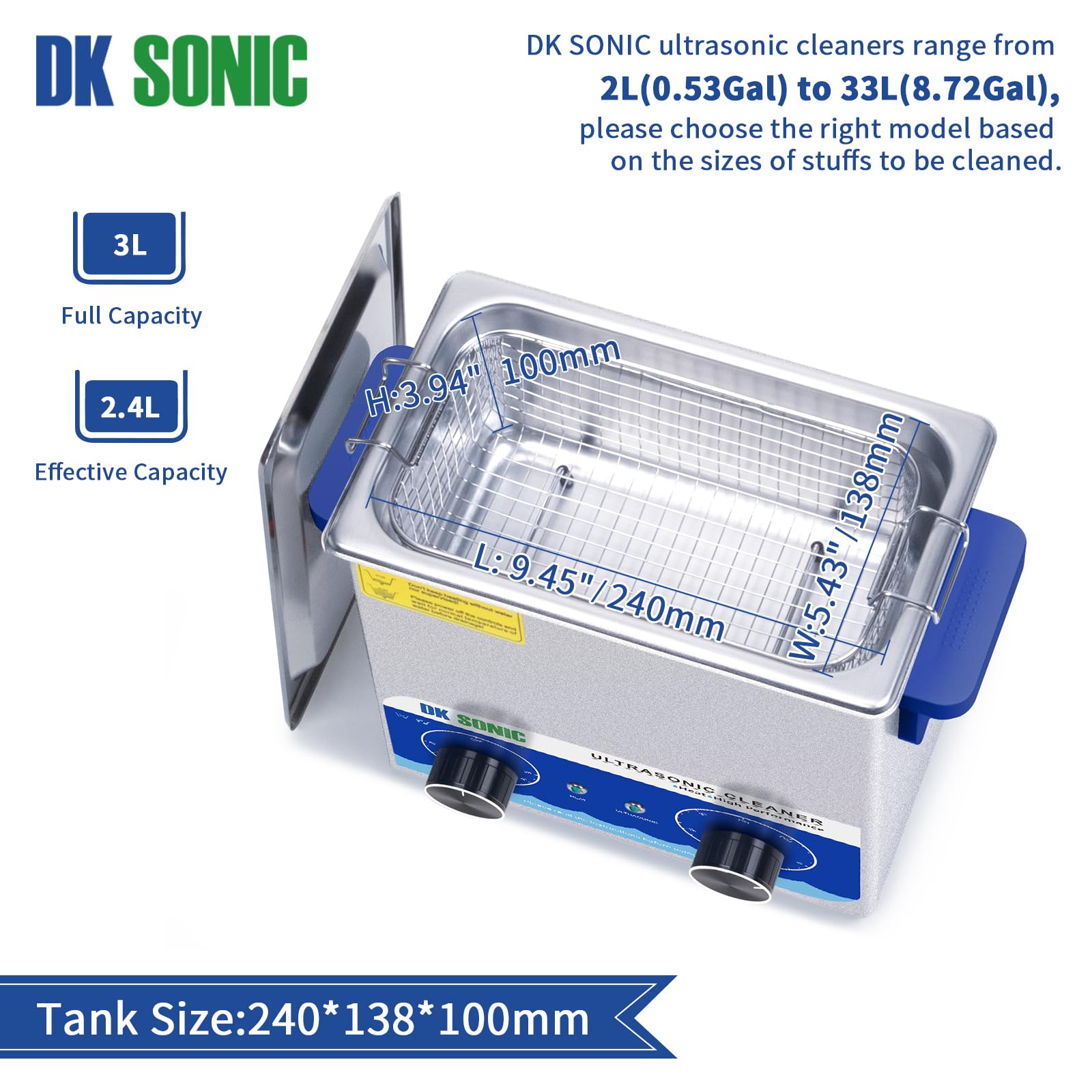 DK SONIC 3L Ultrasonic Cleaner with Timer & Heater - Stainless Steel Jewelry Cleaner for Eyeglasses, Watches, Coins - Professional Cleaning Machine for Carburetor Parts, Dentures, Tools - 110V 0.79Gal Home & Commercial Use