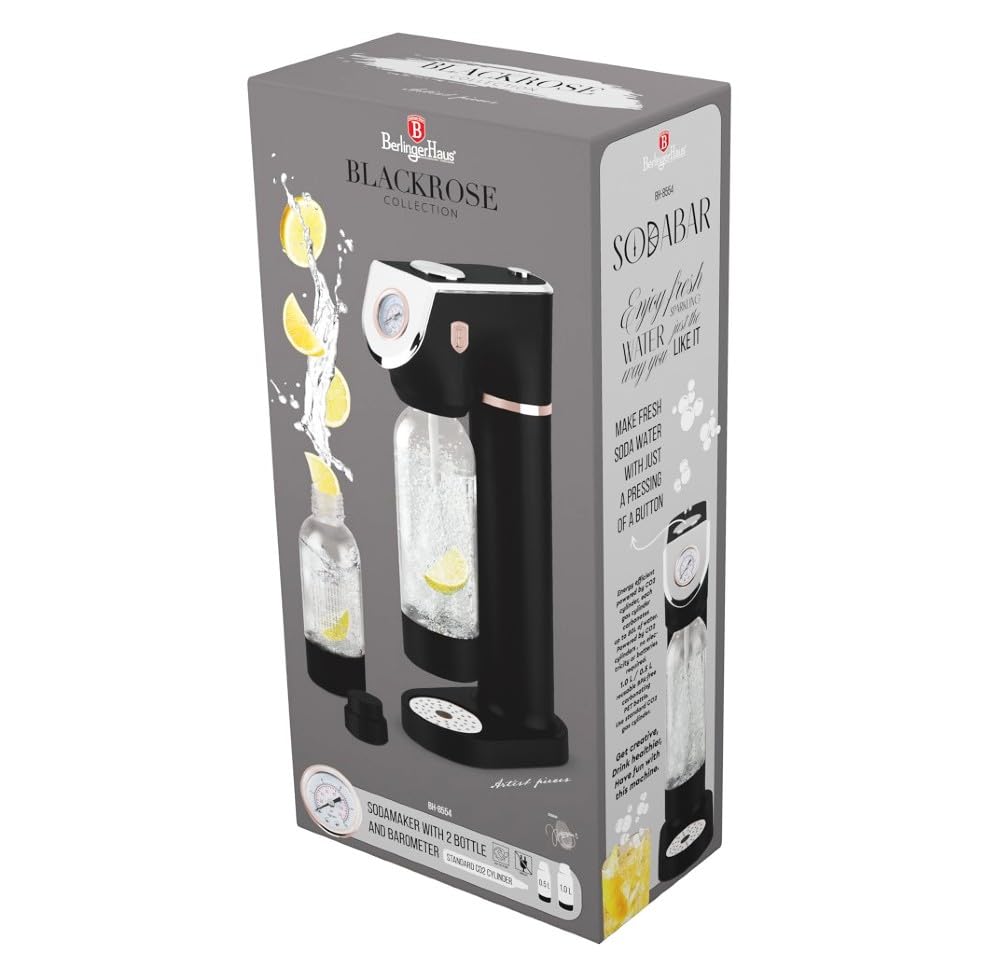 BERLINGER HAUS Sodabar Soda Maker Machine with 2 Glass Bottles - Black Rose Collection | Eco-Friendly & Easy to Use for Sparkling Water, Homemade Soda & Cocktails | Perfect for Home, Office & Parties