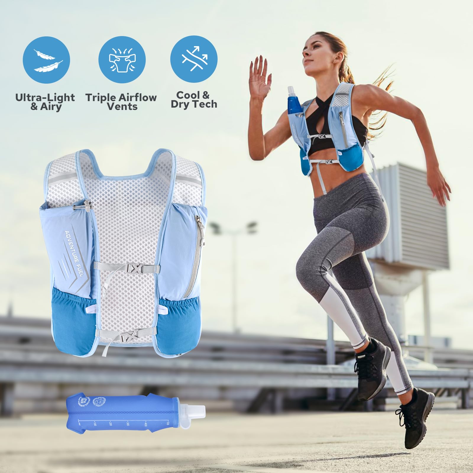 Lightweight Adjustable Hydration Backpack for Women & Men - 500ml TPU Soft Flask, Breathable Reflective Running Vest with Large Capacity for Marathon, Cycling, Hiking | Perfect for Outdoor Sports & Fitness Activities