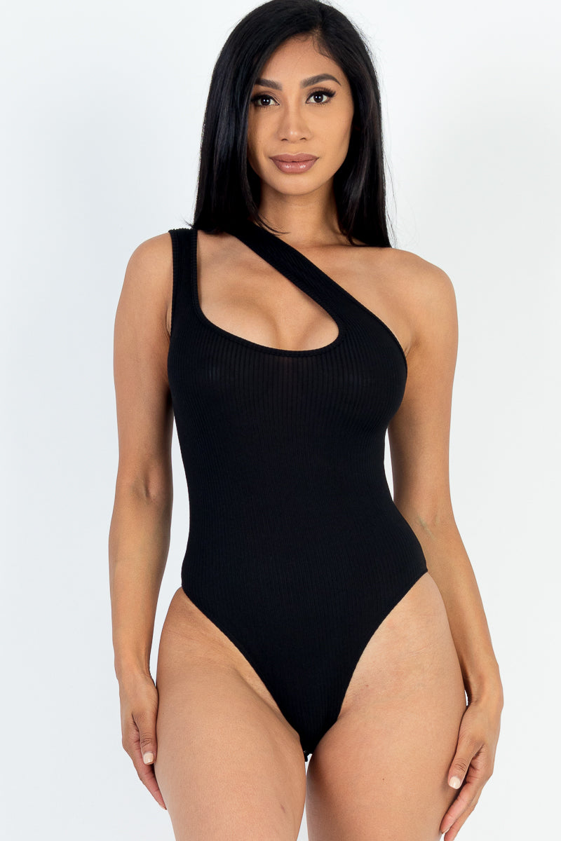 One Shoulder Cut Out Rib Knit Bodysuit for Women - Sexy CAPELLA Bodysuit Top for Clubwear, Date Night & Party Outfits