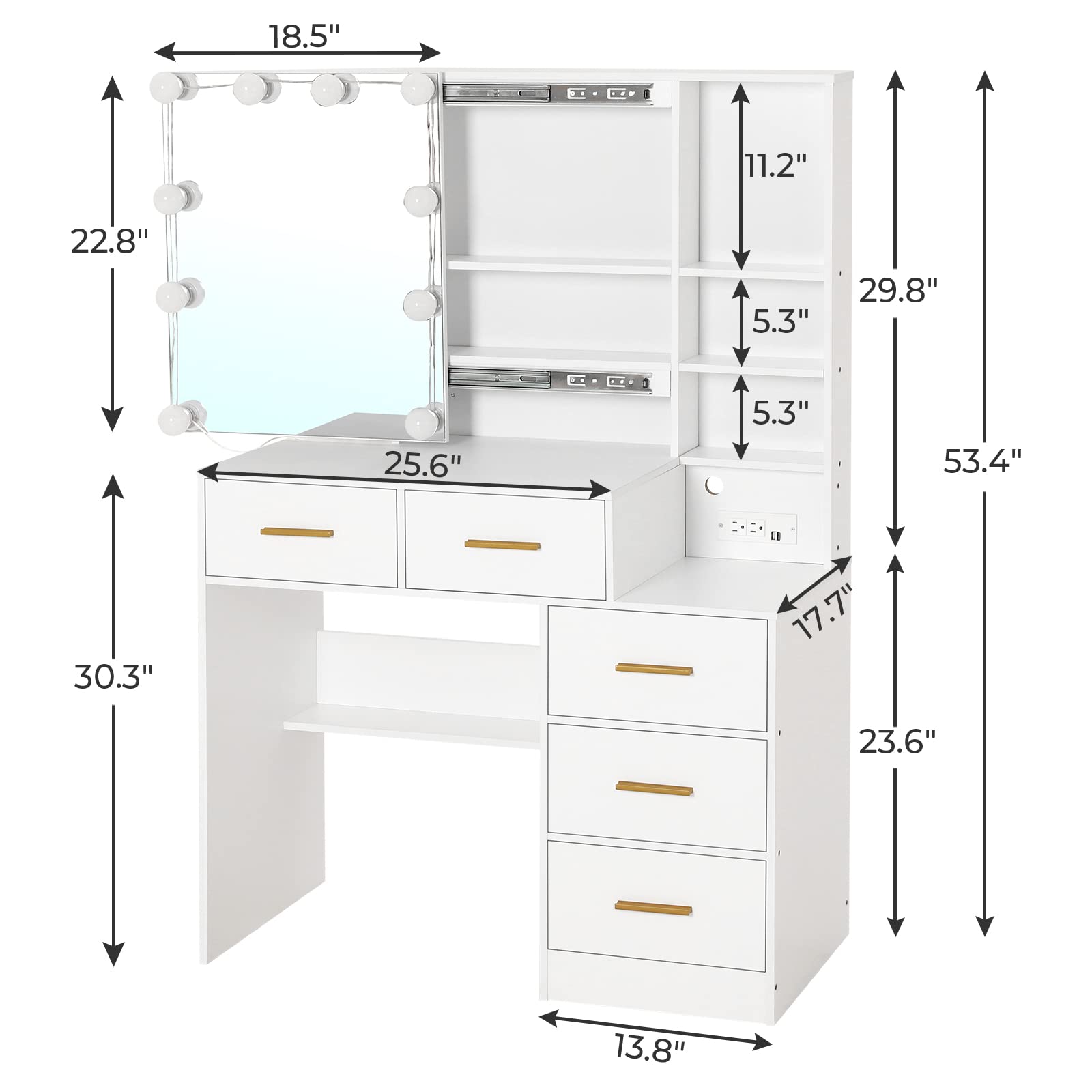 Modern White Vanity Desk with Sliding Mirror, LED Lights & USB Charging Station - 5 Drawers Makeup Table with Hidden & Open Storage Shelves - Perfect for Bedroom, Dressing Room & Home Beauty Salon