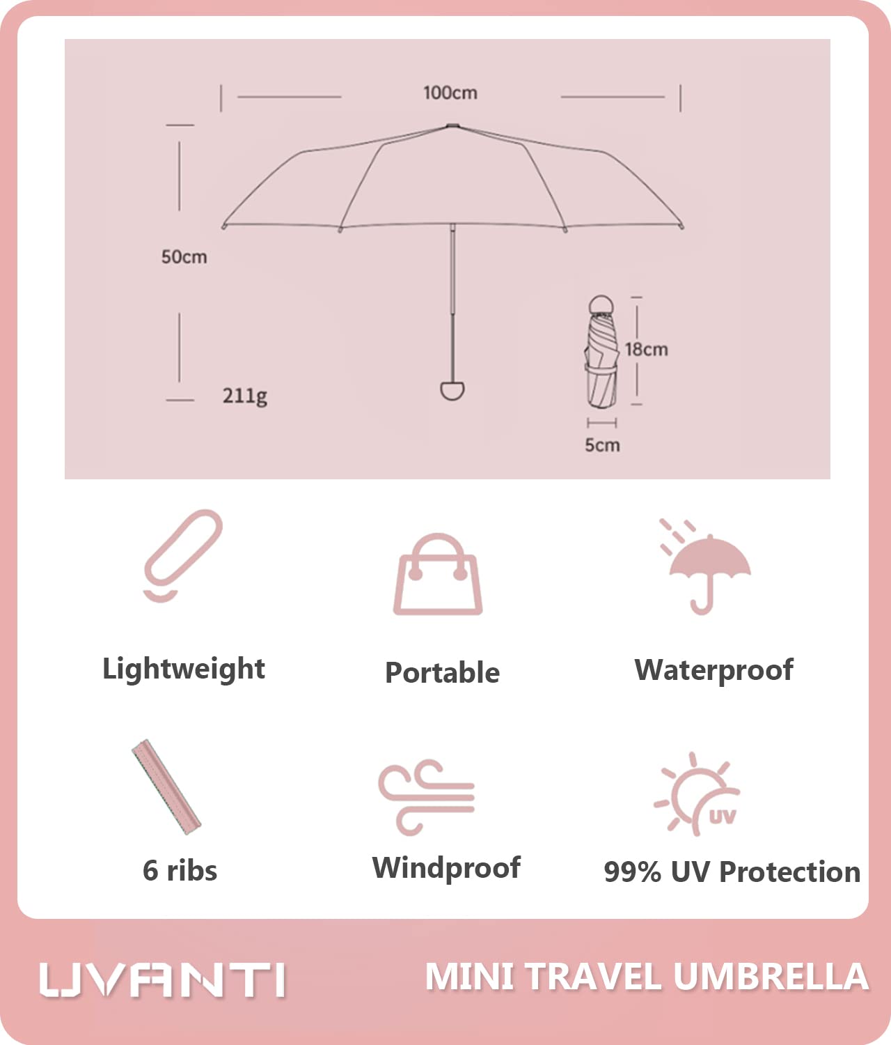 Compact Travel Umbrella with Case - Lightweight Folding Mini Umbrella for Backpack, Purse & Travel - UV Sun & Rain Protection for Kids, Women & Men - Perfect for Commuting, Outdoor Activities & Daily Use