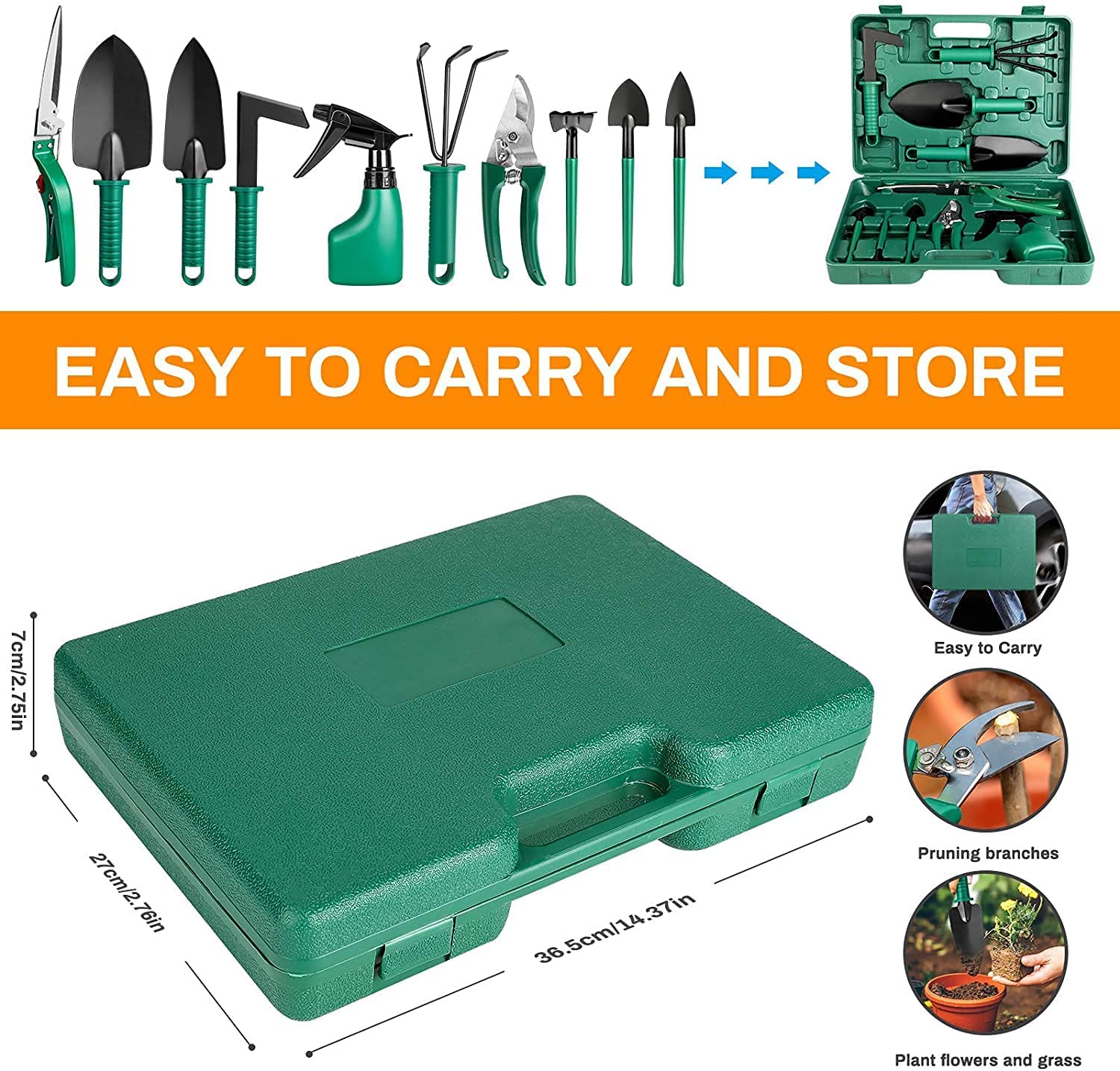 10-Piece Garden Tool Set with Carrying Case - Ergonomic Hand Tools Including Trowel, Rake, Weeder, Pruner, Shears & Sprayer - Perfect Gardening Gifts for Women & Men (Green) - Ideal for Home Gardening, Landscaping & Outdoor Planting Projects