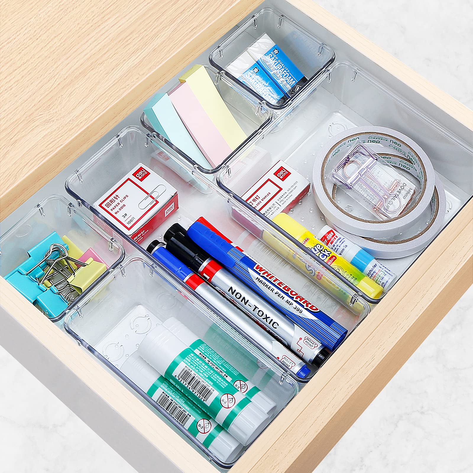 13-Piece Clear Drawer Organizer Set - 5 Sizes Bathroom & Kitchen Cabinet Storage Trays for Makeup, Jewelry, Utensils, Gadgets - Perfect for Home, Office, and Travel Organization
