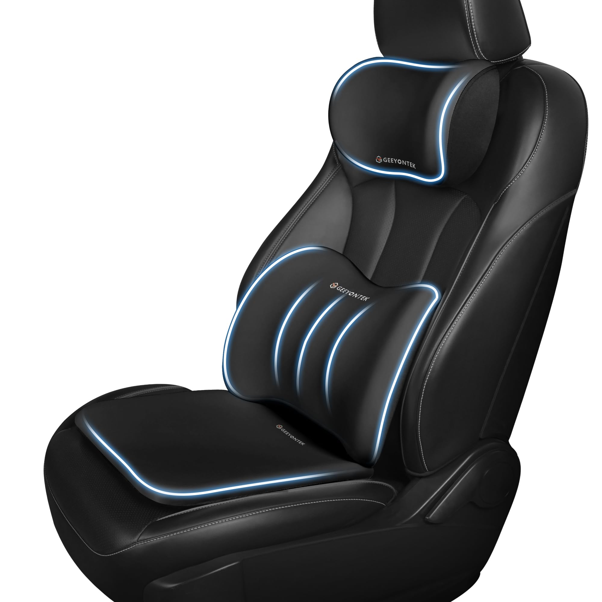 Ergonomic Car Seat Cushion with Memory Foam - 3-Piece Set with Neck Pillow & Lumbar Support for Sciatica & Tailbone Pain Relief - Perfect for Driving, Office Chairs & Wheelchairs - Black