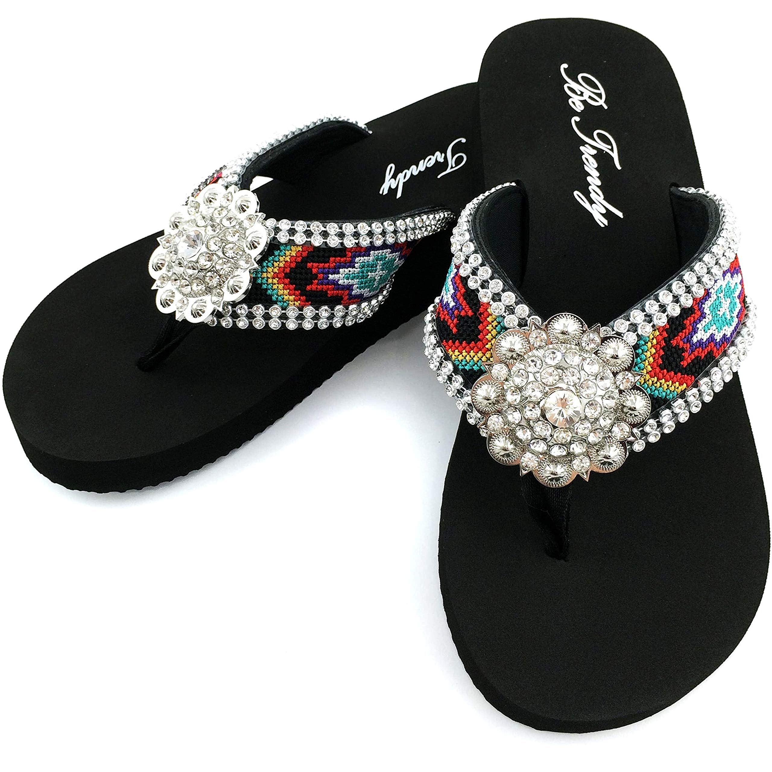 Western Peak Women's Aztec Rhinestone Concho Flip Flop Sandals - Stylish Multicolor Round Toe Beach Sandals for Summer, Pool Party & Casual Outings