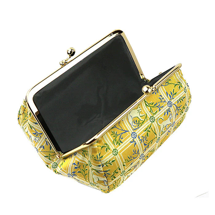 Nishijin Woven Small Cat Pouch - Yellow | Handmade in Kyoto Japan | Cosmetic & Makeup Bag | Japanese Gamaguchi Style | Travel Toiletry Organizer | Stationery Pouch | Bag-in-Bag Organizer | Perfect for Daily Essentials, Travel & Gift Giving