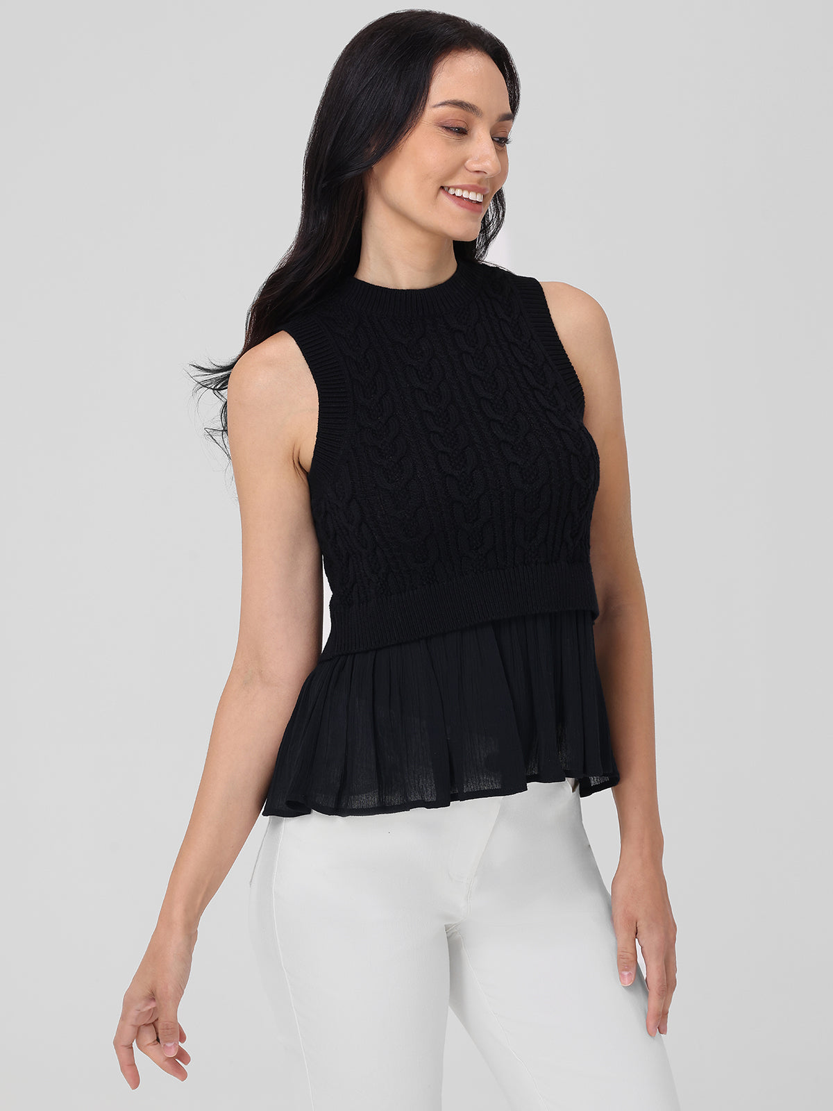 Camilia Mixed Media Cable Knit Tank Top for Women - Stylish Layering Piece for Casual Outfits and Office Wear