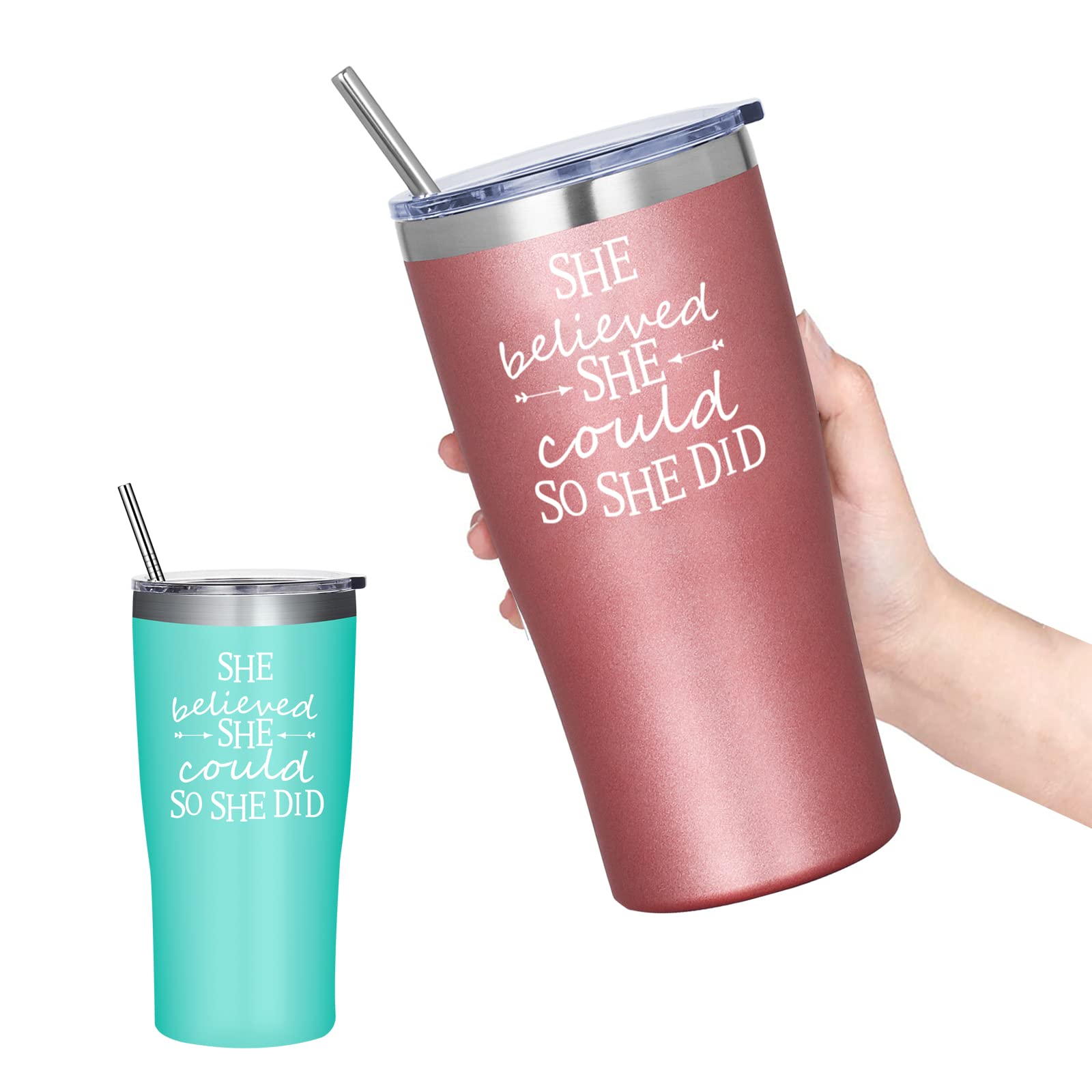 Inspirational 'She Believed She Could So She Did' Rose Gold Tumbler - Perfect Graduation Gift for Women, Girls, Her - Motivational Gift for College, New Job, Congratulations - Great for Office, School & Daily Use