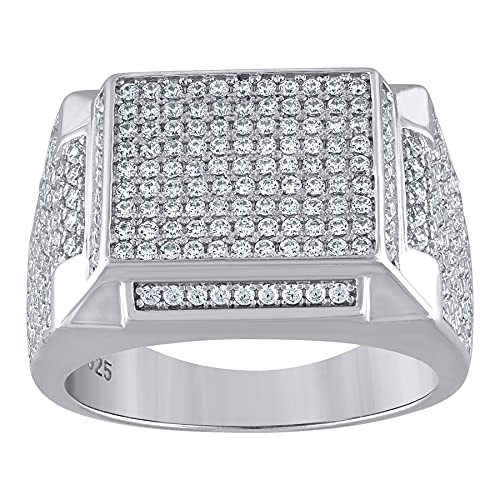 925 Sterling Silver Men's CZ Cubic Zirconia Simulated Diamond Rectangle Head 10mm Cluster Band Ring - Size 7-12 | Wedding, Engagement, Anniversary Gift for Him | Perfect for Formal Events & Everyday Wear