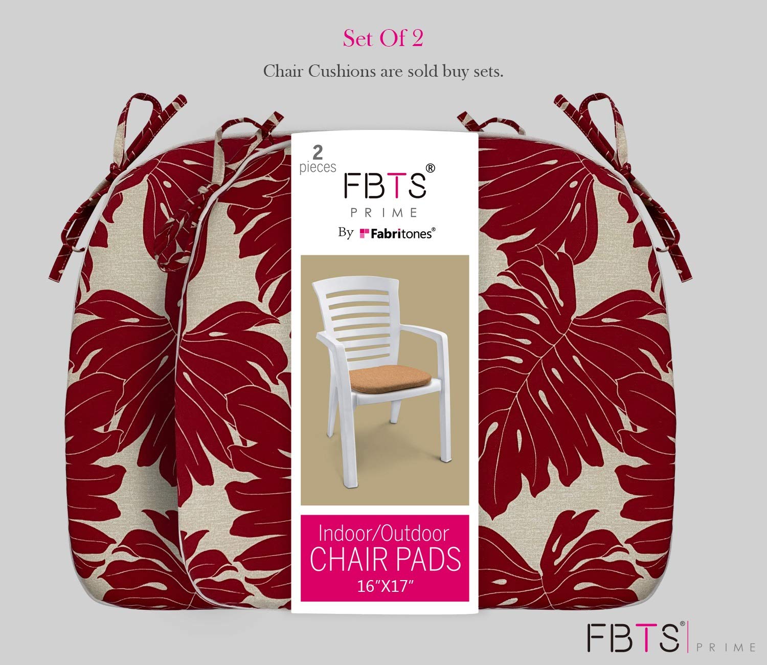 Fabritones Outdoor Seat Cushions - Set of 4 Red Leaves Patio Chair Cushions with Ties, 16x17 Inch Square Chair Pads for Garden, Deck, and Poolside Lounging