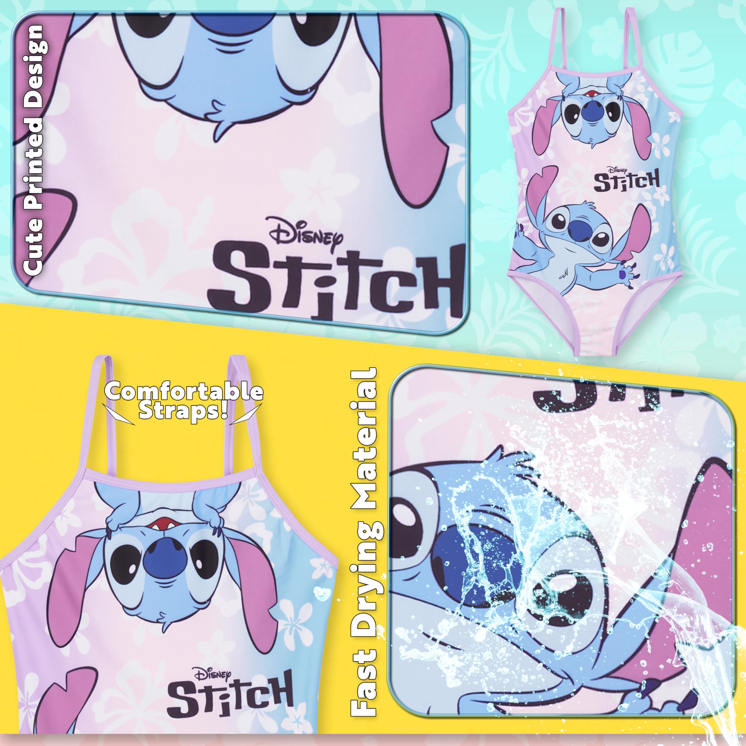 Disney Stitch Girls One Piece Swimsuit - Stretchy Comfortable Swimwear for Beach, Pool & Summer Vacation | Perfect for Swimming Lessons, Water Parks & Tropical Getaways