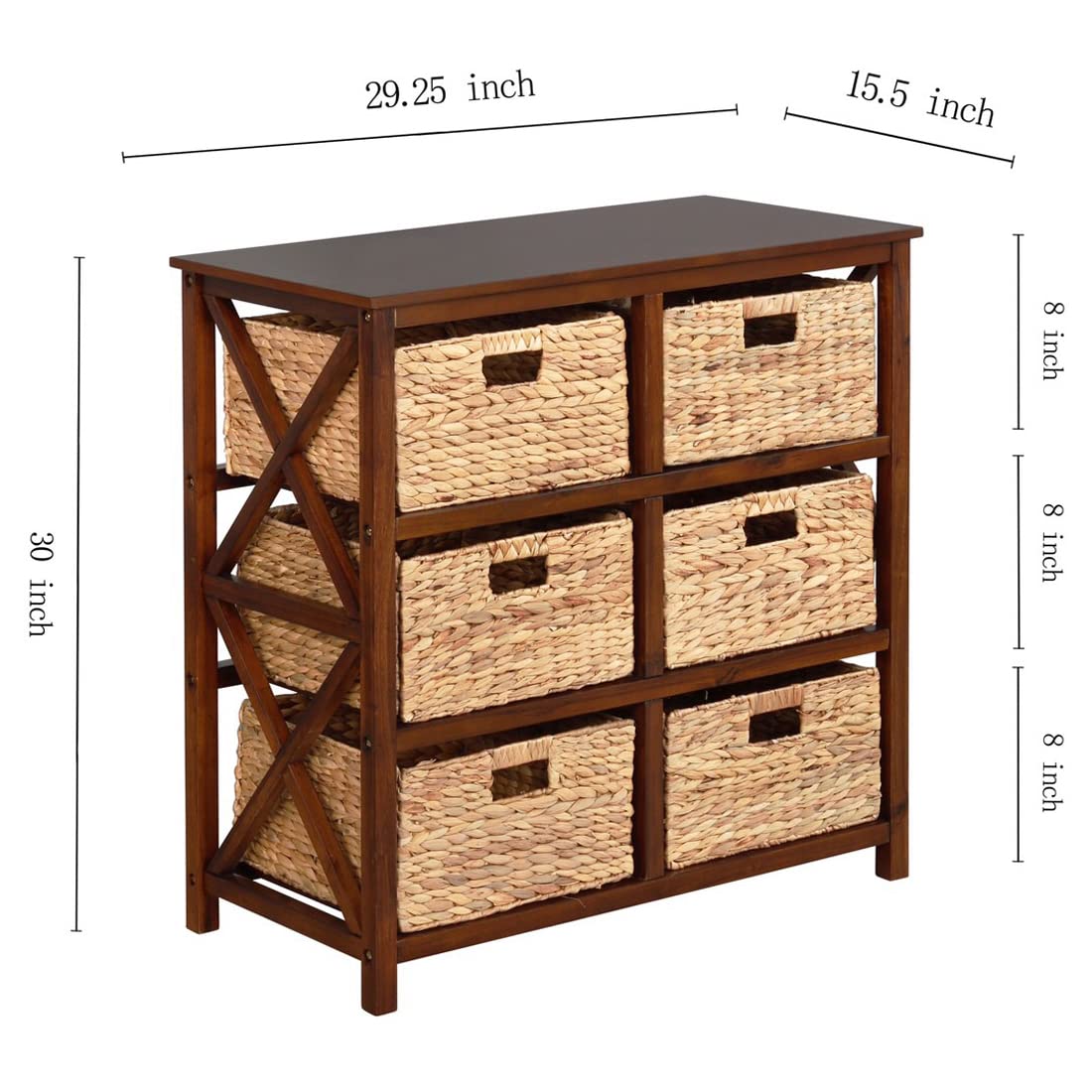 3-Tier X-Side End Table Storage Cabinet with 6 Wicker Baskets - Walnut Finish for Living Room, Bedroom, or Entryway Organization