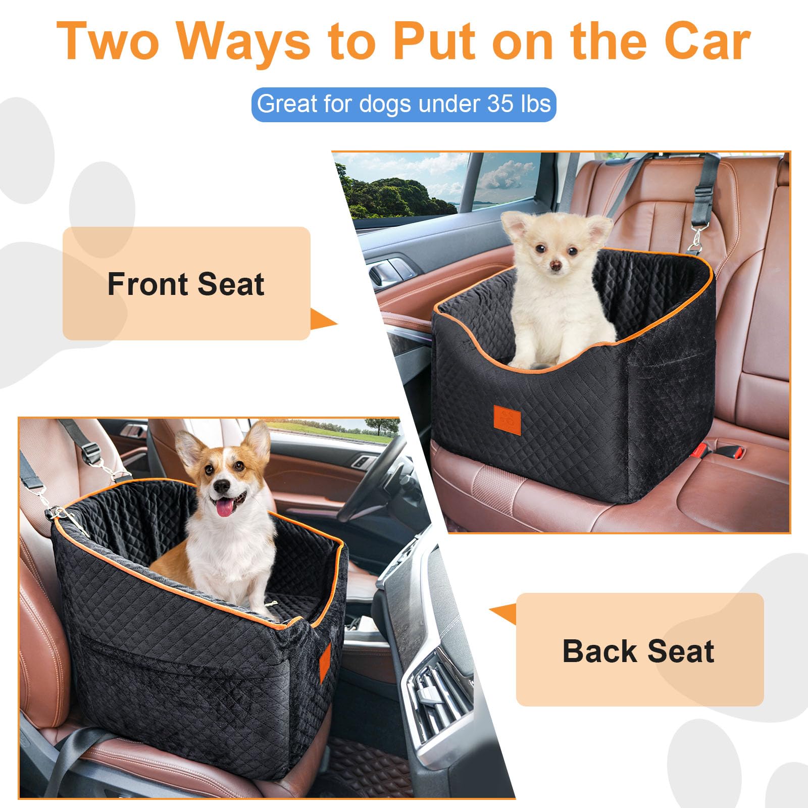 Premium Memory Foam Dog Car Seat for Small Dogs up to 35 lbs - Washable & Removable Cover with Storage Pockets - Safe Elevated Pet Booster Seat for Cars (Black) - Perfect for Road Trips, Vet Visits & Daily Commutes