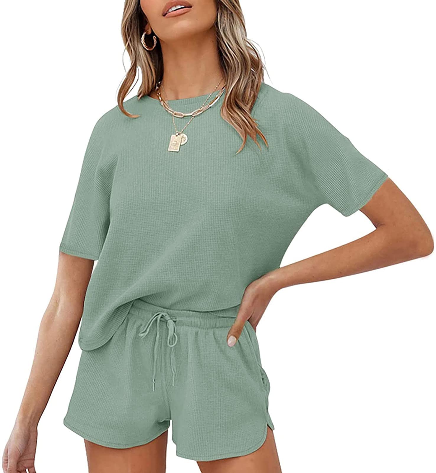 MEROKEETY Women's Waffle Knit Pajama Set - Short Sleeve Top & Lounge Shorts 2-Piece Sleepwear for Women | Soft & Comfortable Nightwear for Sleep, Relaxation & Home Lounging