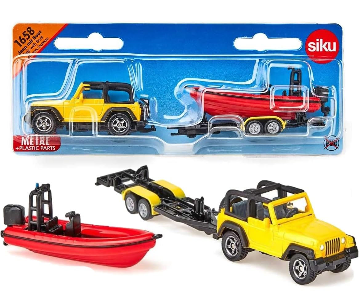 Siku 1658 Jeep with Boat - Yellow/Red Metal/Plastic Toy for Water Play