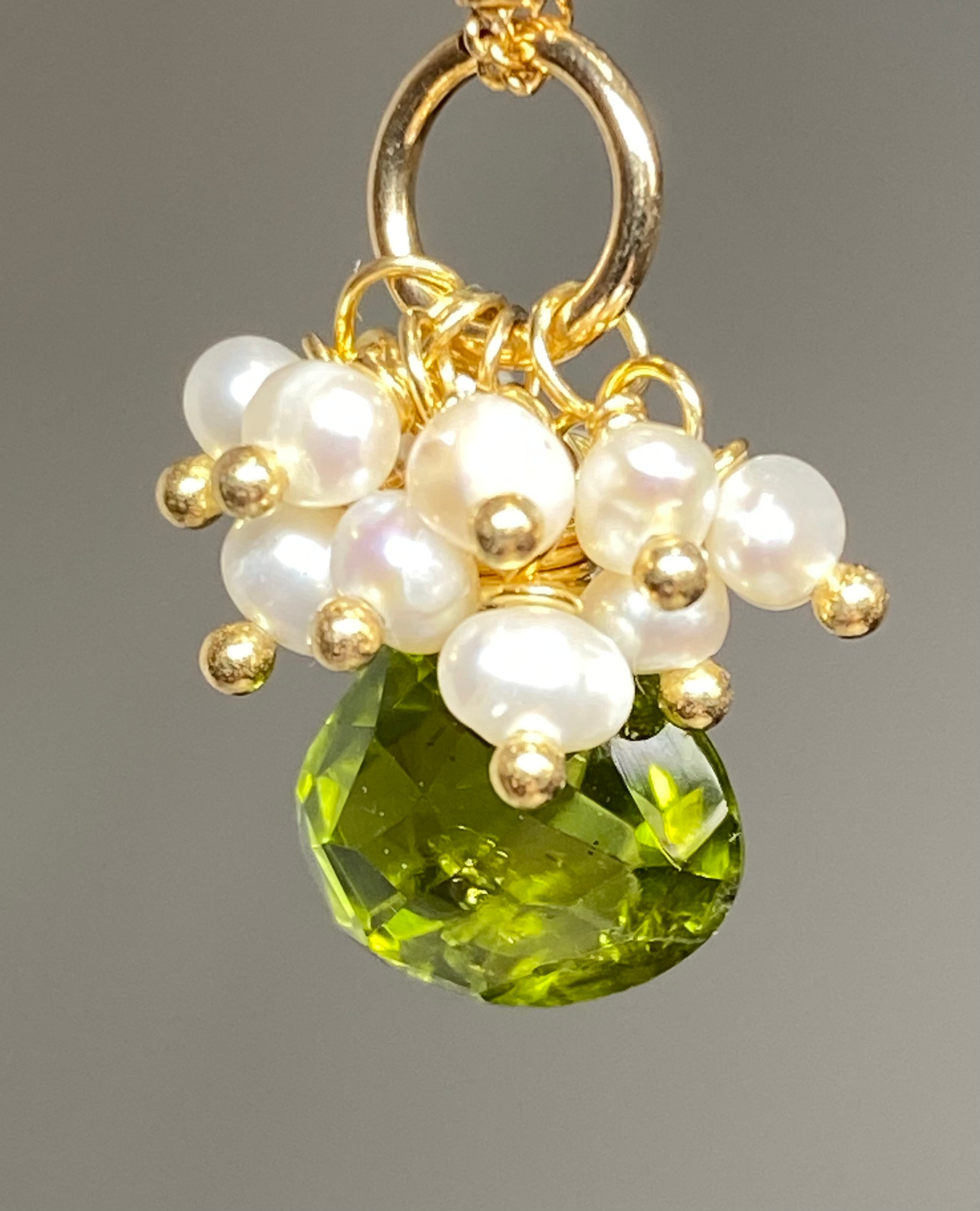 Peridot Gemstone Pendant Necklace - 14K Gold Filled with Pearl Clusters - Elegant Jewelry for Women, Gift for Birthday, Anniversary & Special Occasions