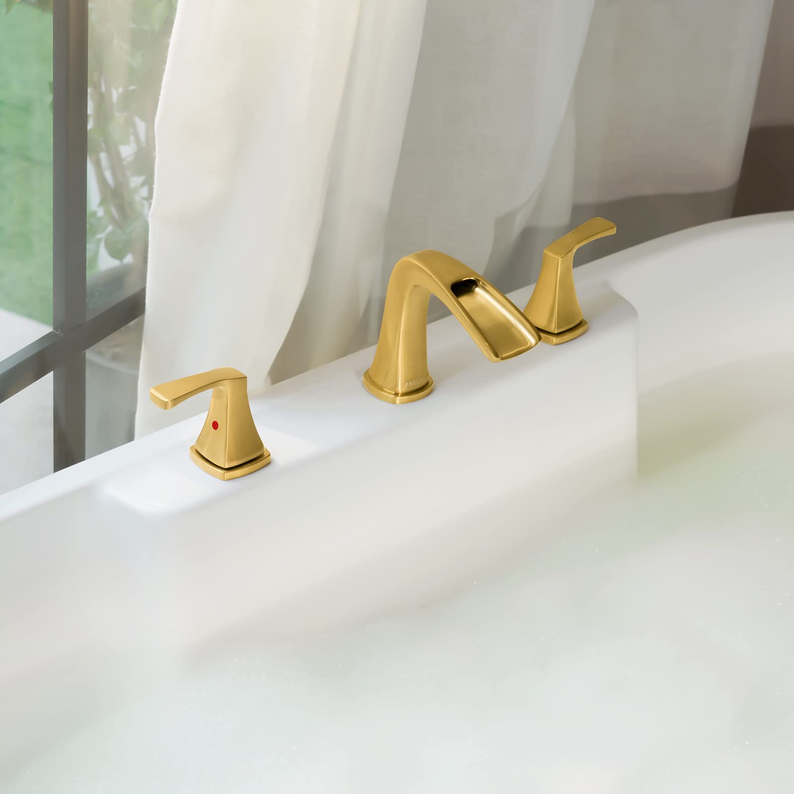 PARLOS 2-Handle Widespread Waterfall Roman Bathtub Faucet with Valve - Brushed Gold Finish (Model 1434208) - Perfect for Luxury Bathroom Renovations & Spa-Style Bathtubs