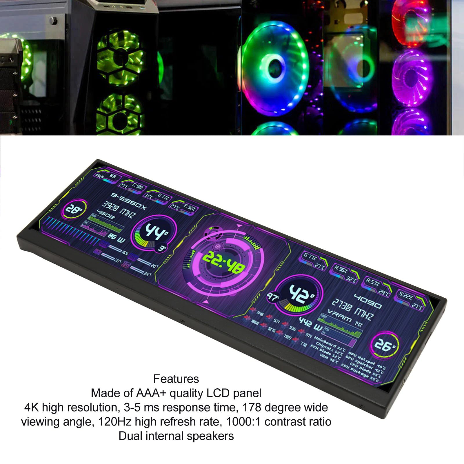 Bewinner 12.7 Inch 4K 3840x1100 Ultra-Wide Stretched Bar Touch Screen Monitor with USB Mini CPU Display - PC Hardware Monitoring Panel for AIDA64 (RAM, CPU, HDD Sensor) - Perfect for Gaming Rigs, Workstations & PC Enthusiasts