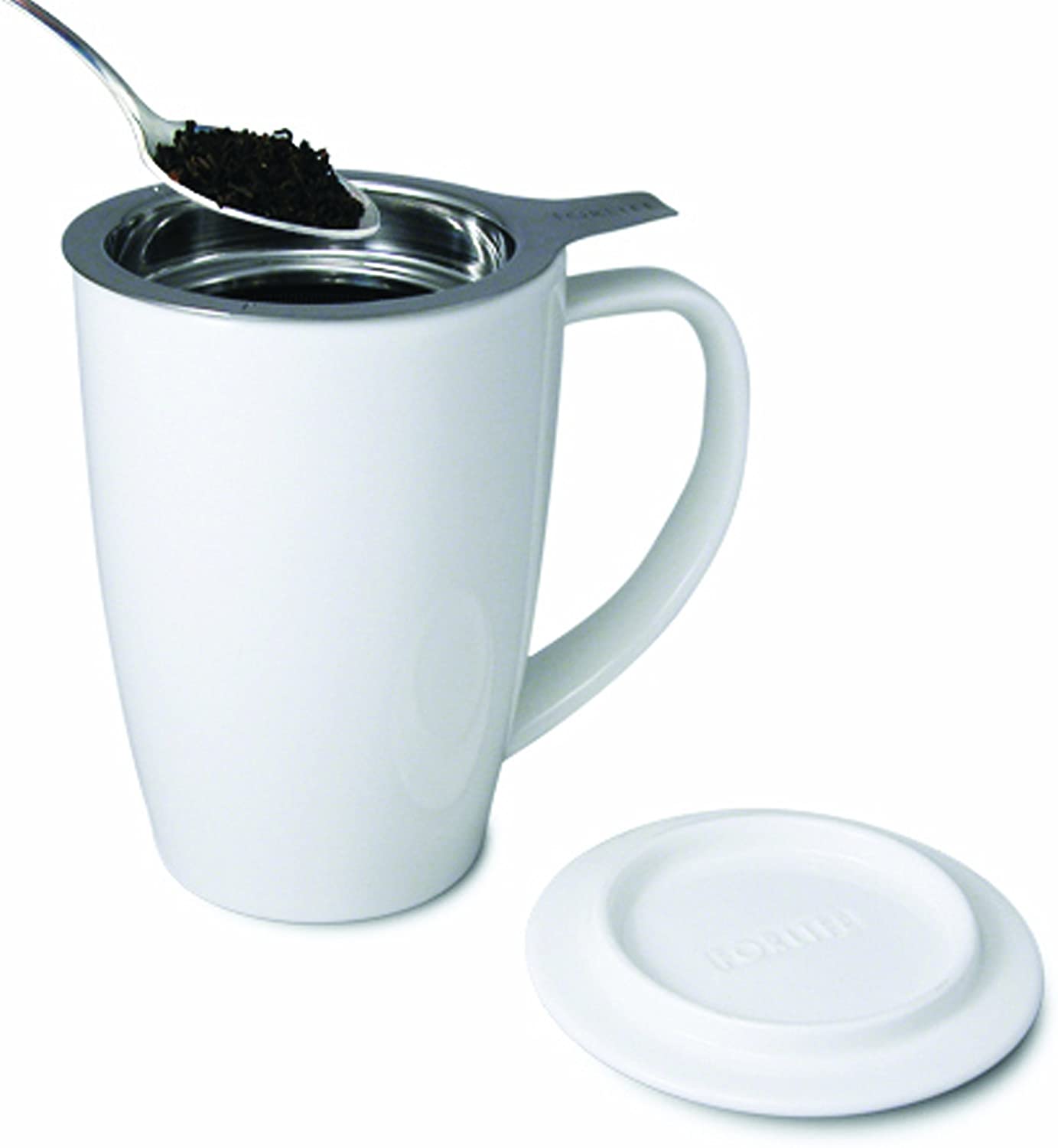 FORLIFE Curve Tall Tea Mug with Infuser and Lid - 15oz White Ceramic Tea Cup - Perfect for Loose Leaf Tea, Herbal Infusions & Office Use