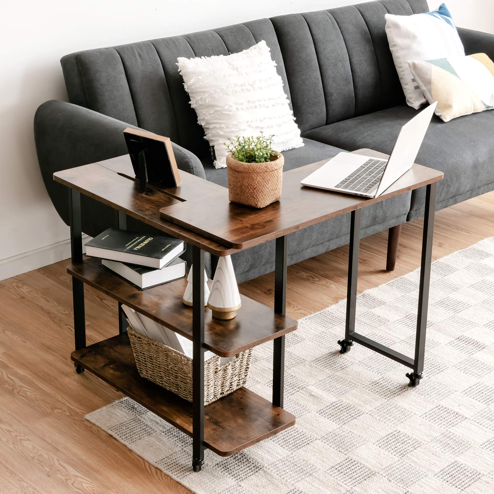 Tangkula 360° Rotating Side Table for Couch - Patented Mobile Laptop Desk with 2-Tier Storage Shelves & Sturdy Metal Frame - Perfect for Home Office, Living Room, Bedroom - Ideal for Snacks, Drinks, Books & Remote Work