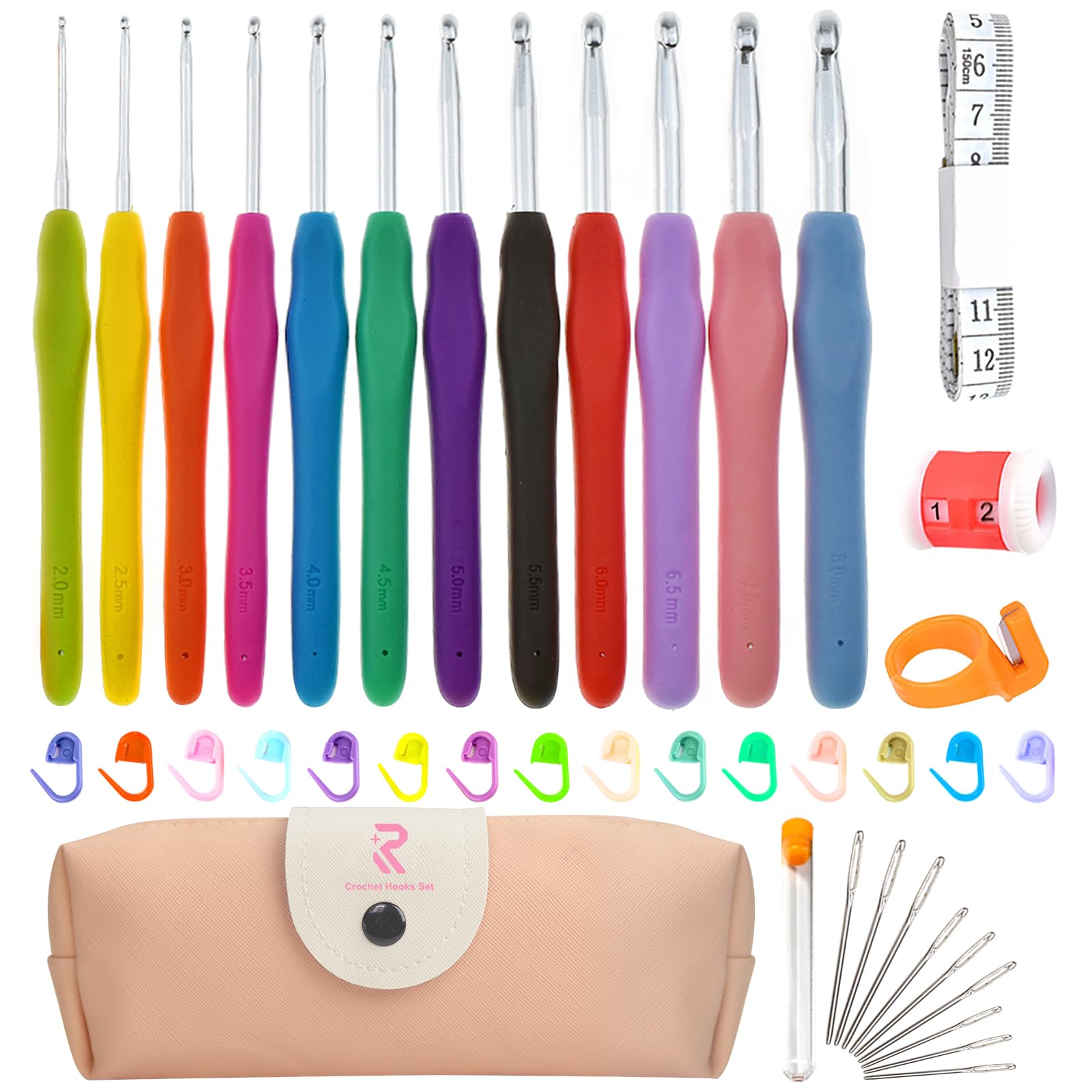 RealPlus 12-Piece Ergonomic Crochet Hooks Set (2mm-8mm) - Soft Grip Handles for Arthritis & Beginners - Includes Pink Storage Case - Perfect for DIY Yarn Crafts, Amigurumi & Knitting Projects