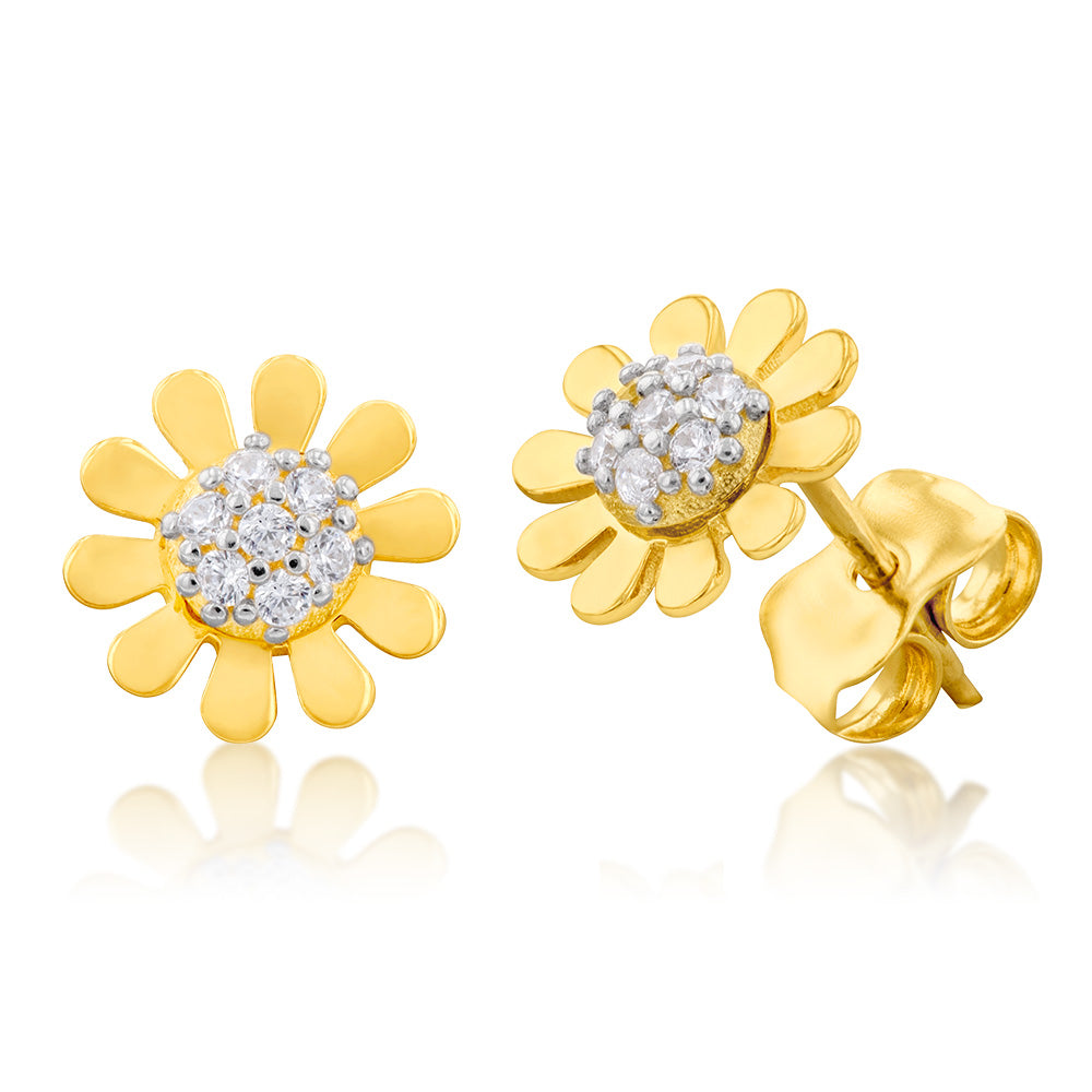 9ct Yellow and White Gold Two-Tone Cubic Zirconia Sunflower Stud Earrings for Women - Elegant Floral Jewelry Gift for Birthday, Anniversary & Everyday Wear