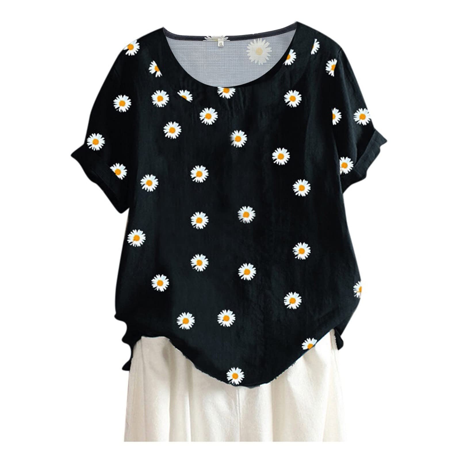 Women's Cotton Blend Casual Summer Shirts - Half Sleeve Round Neck Tunic Top with Button Down Design, Loose Fit Floral Blouse for Work, Travel & Everyday Wear