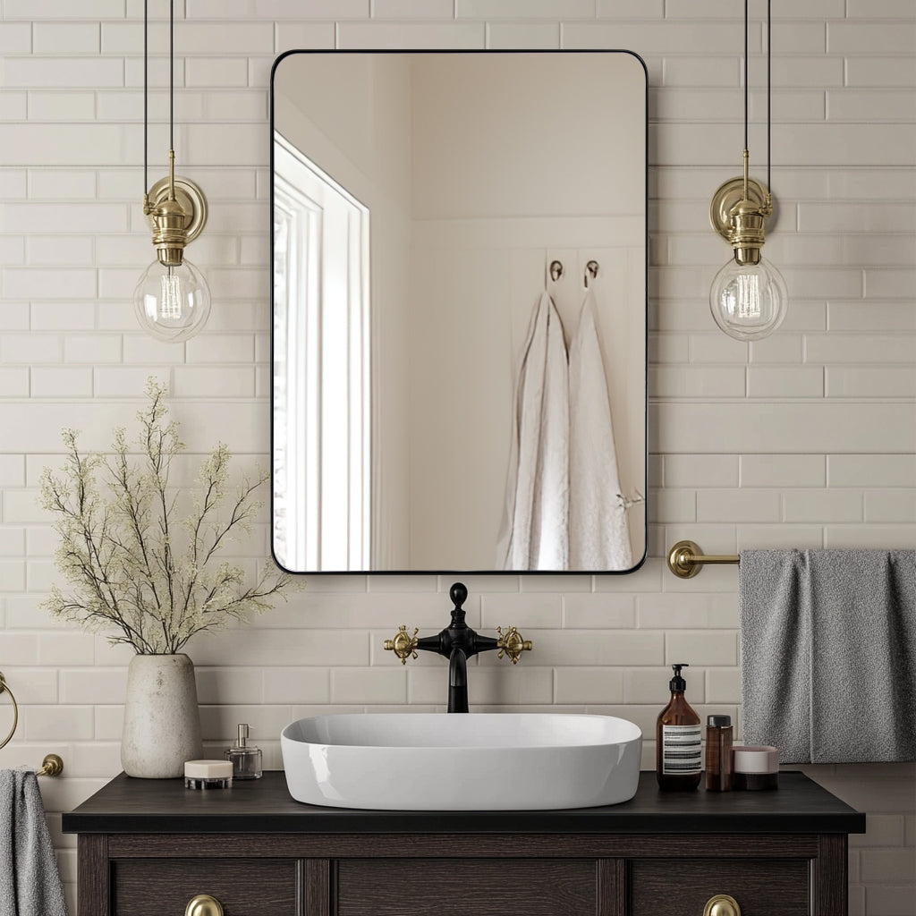 Modern Rounded Rectangle Bathroom Mirror with Stainless Steel Frame - Perfect for Vanity, Wall Decor & Home Decoration