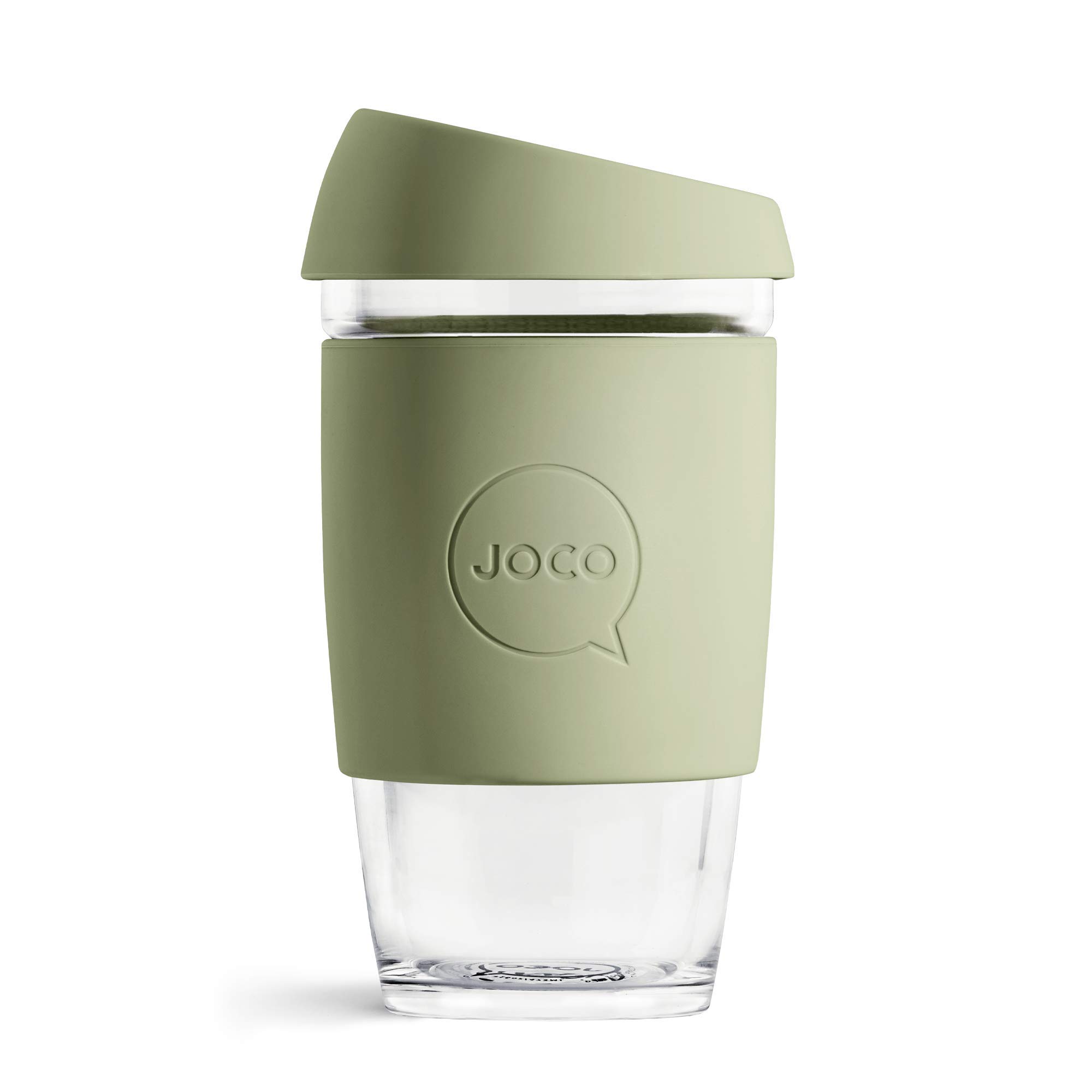 JOCO 16oz Borosilicate Glass Reusable Travel Mug - Eco-Friendly Coffee Cup with Silicone Lid & Roll Straw (Army Green) - Perfect for Office, Camping & Daily Commute