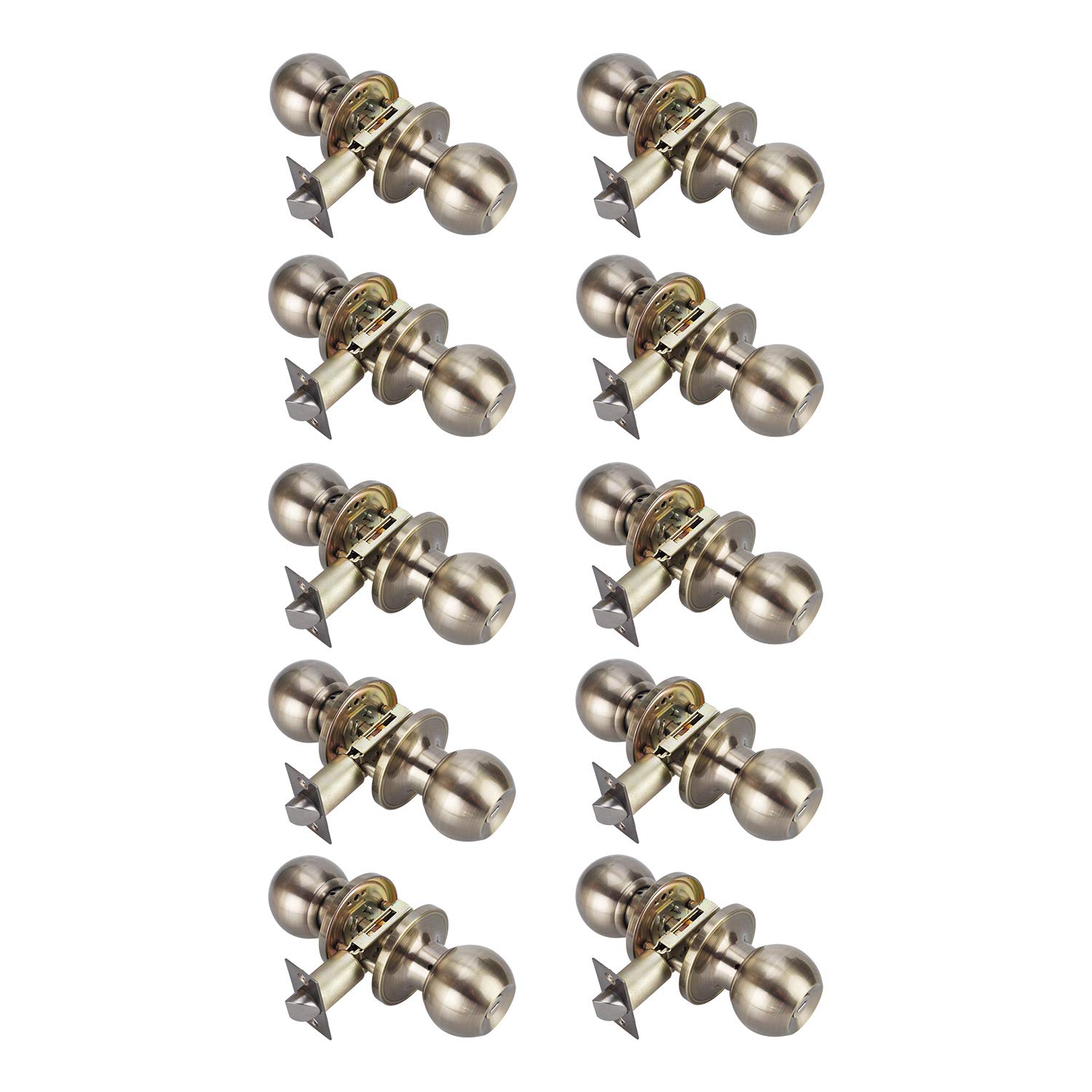 10-Pack Antique Brass Round Door Knob Set - Privacy Bedroom & Bathroom Lock Handles (6072-AB-BK-10P) - Perfect for Interior Doors, Home Renovation, and Apartment Upgrades