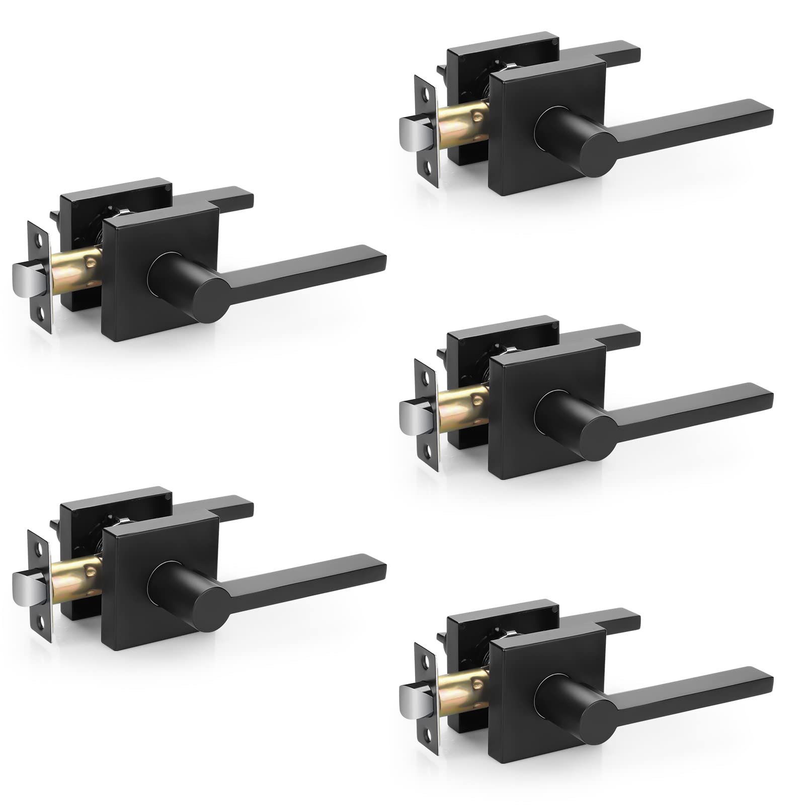EHOMEWARE 5-Pack Matte Black Door Handles - Heavy Duty Interior Door Knobs with Keyless Design for Hallway, Closet & Bedroom - Modern Matte Black Door Levers for Home & Office Use