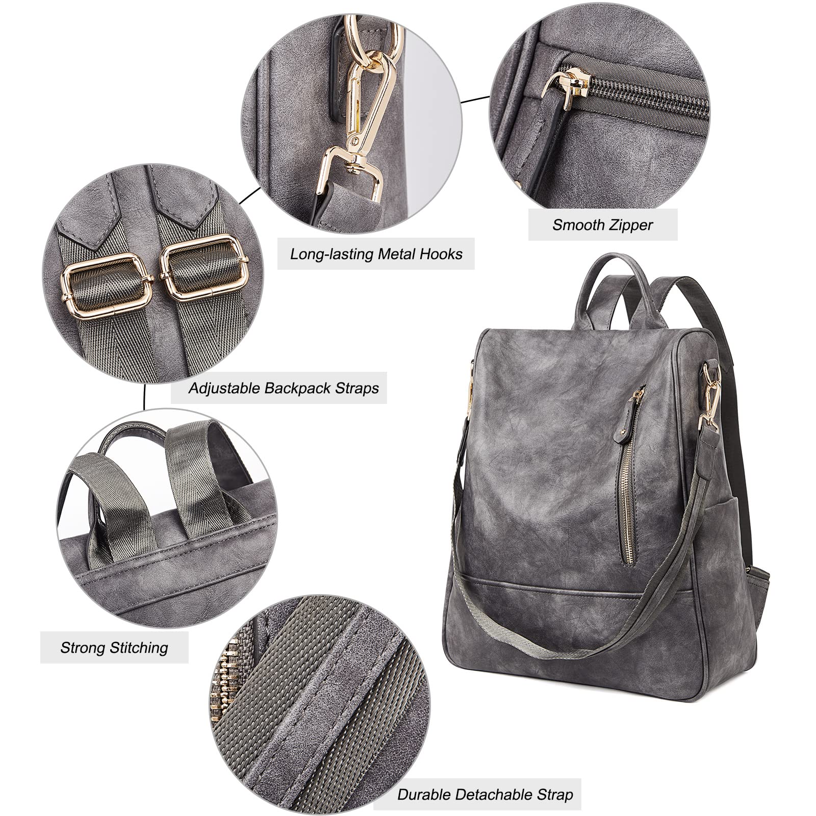 FOXLOVER Women's Leather Backpack Purse - Large Travel Backpack, Fashionable Designer Shoulder Bag for Women (Grey) - Perfect for Work, College, Travel & Everyday Use