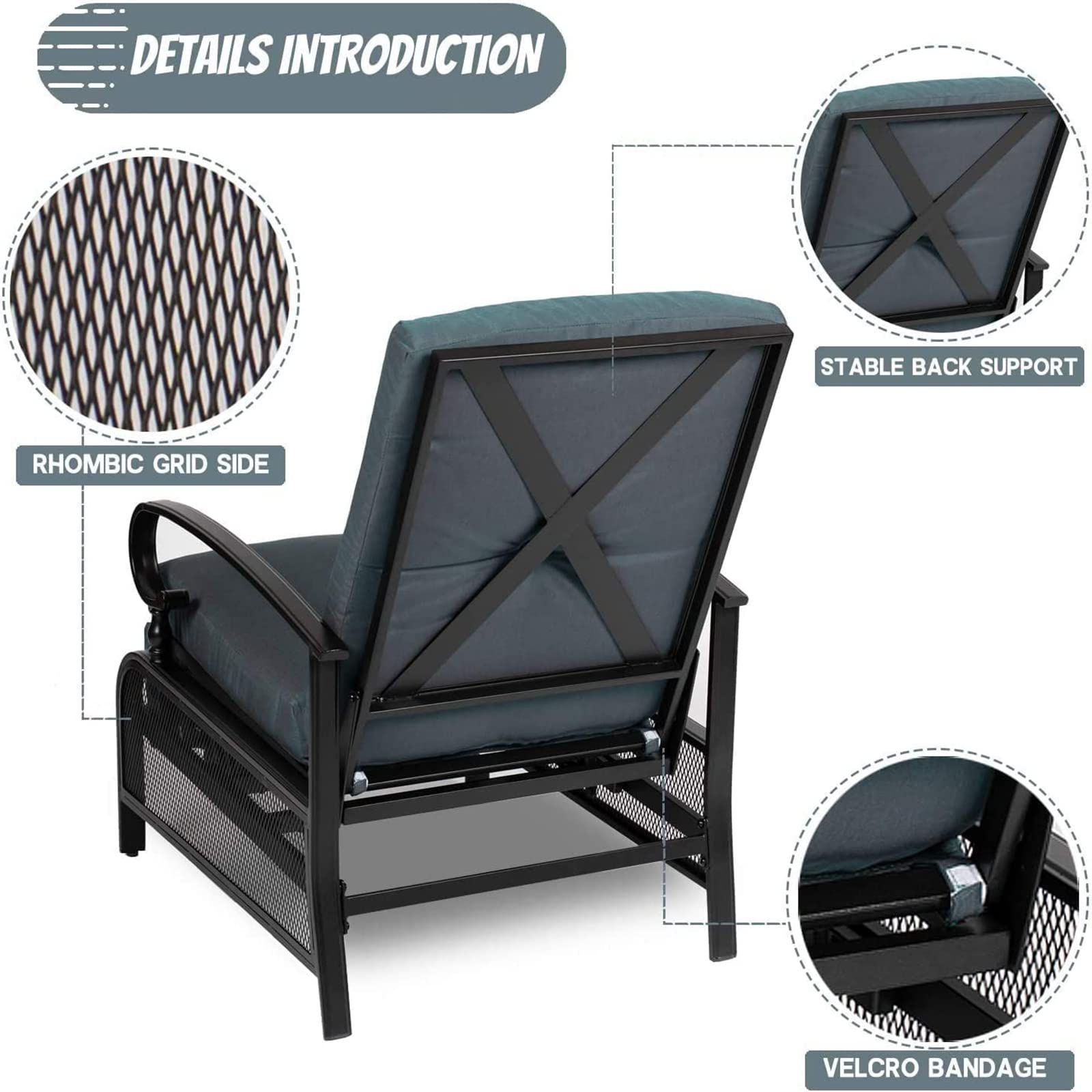 Crownland Outdoor Patio Furniture Set - Adjustable Reclining Lounge Chairs with Peacock Blue Removable Cushions, Black Metal Recliners for Backyard, Poolside & Garden Relaxation