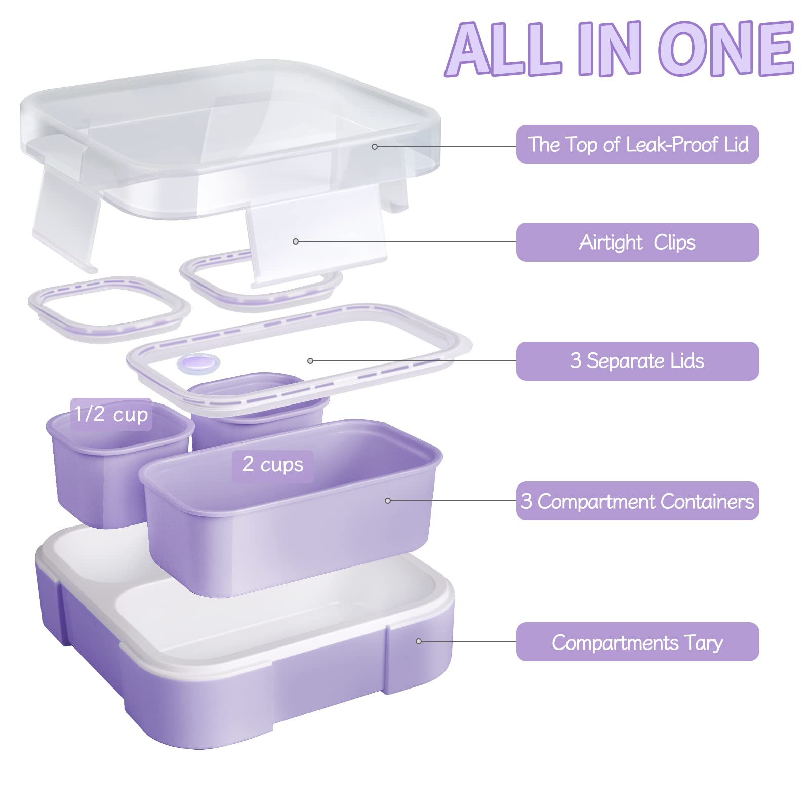 **Genteen 3-Compartment Leak-Proof Snack Containers for Kids - BPA-Free Lunch Box with Dividers, Portion Control for School & Travel (Purple + Blue) - Ideal for Snacks, Fruits, and Sandwiches**