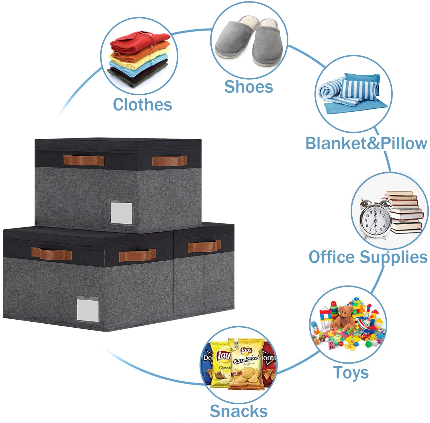 Extra Large Storage Bins with Lids 6 Pack - Foldable Fabric Storage Boxes with 3 Leather Handles & Label Window (15.75x11.8x10.2, Grey&Black) | Perfect for Closet Organization, Toy Storage & Home Decor