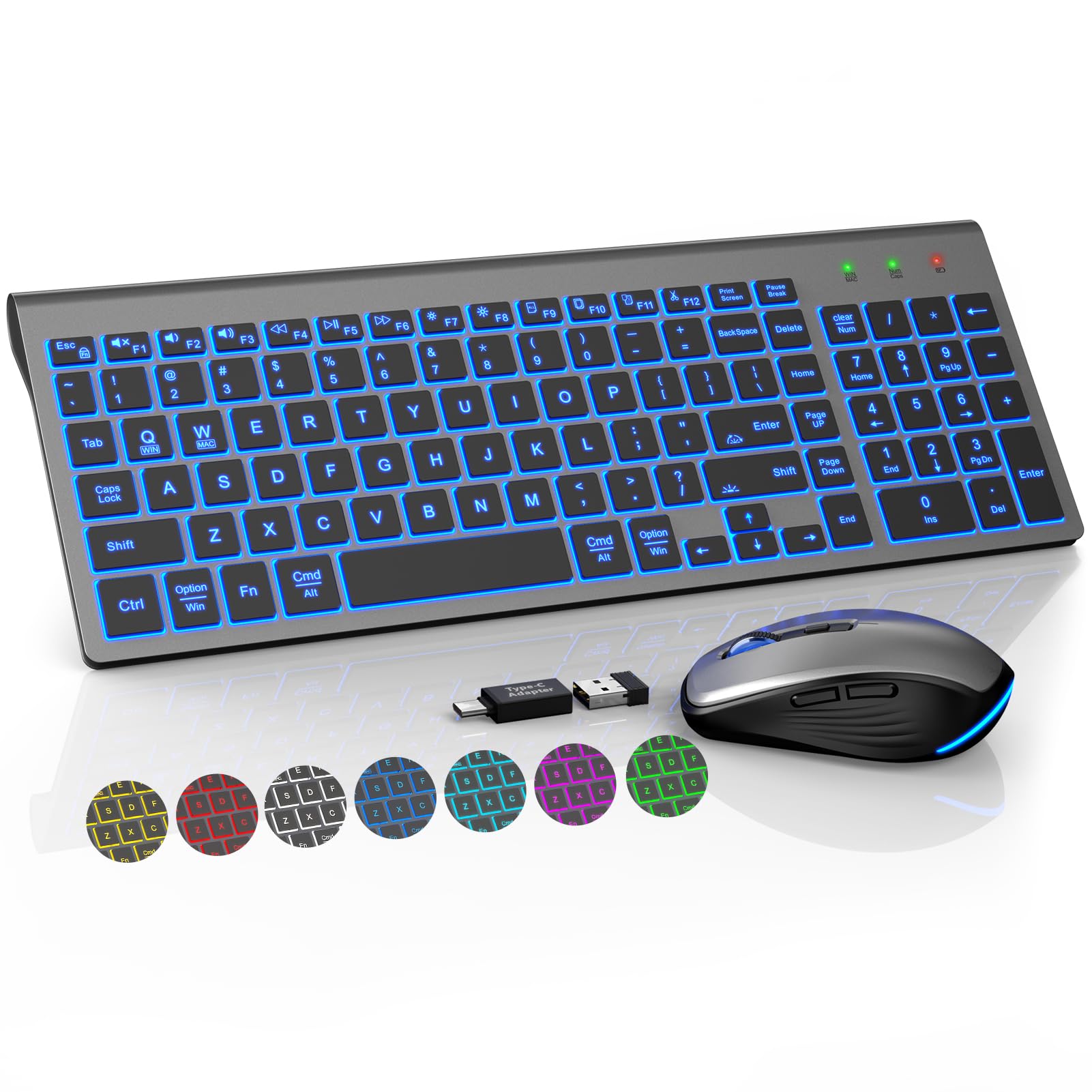 SABLUTE Wireless Keyboard and Mouse Combo with RGB Backlit - Rechargeable Slim Quiet Keyboard & Mouse Set for Mac Windows PC Laptop - Portable Cordless for Office Gaming Home (Space Gray)