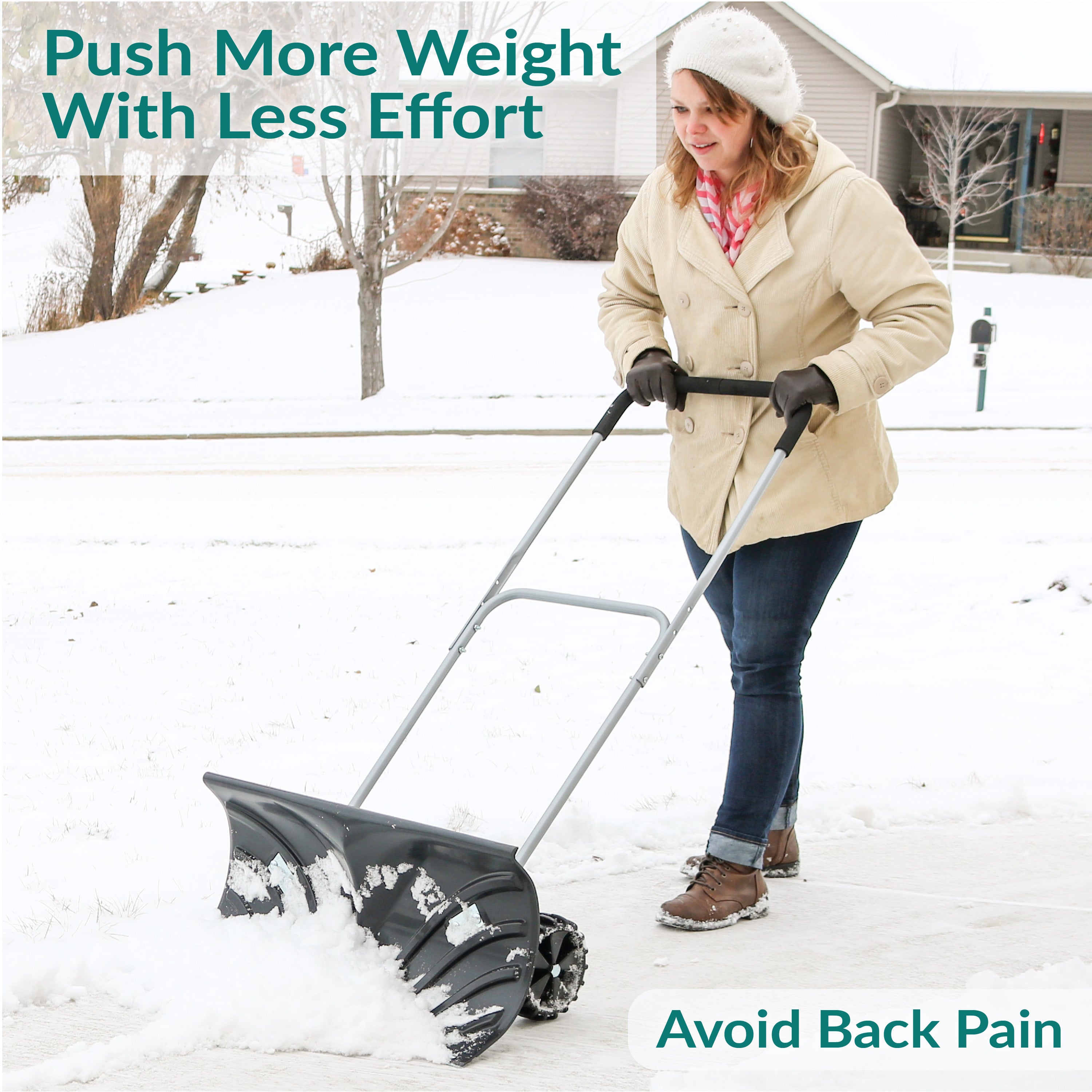 Heavy Duty Snow Shovel with Wheels - Adjustable Handle for Easy Snow Removal - Ideal for Driveways, Sidewalks & Winter Storms