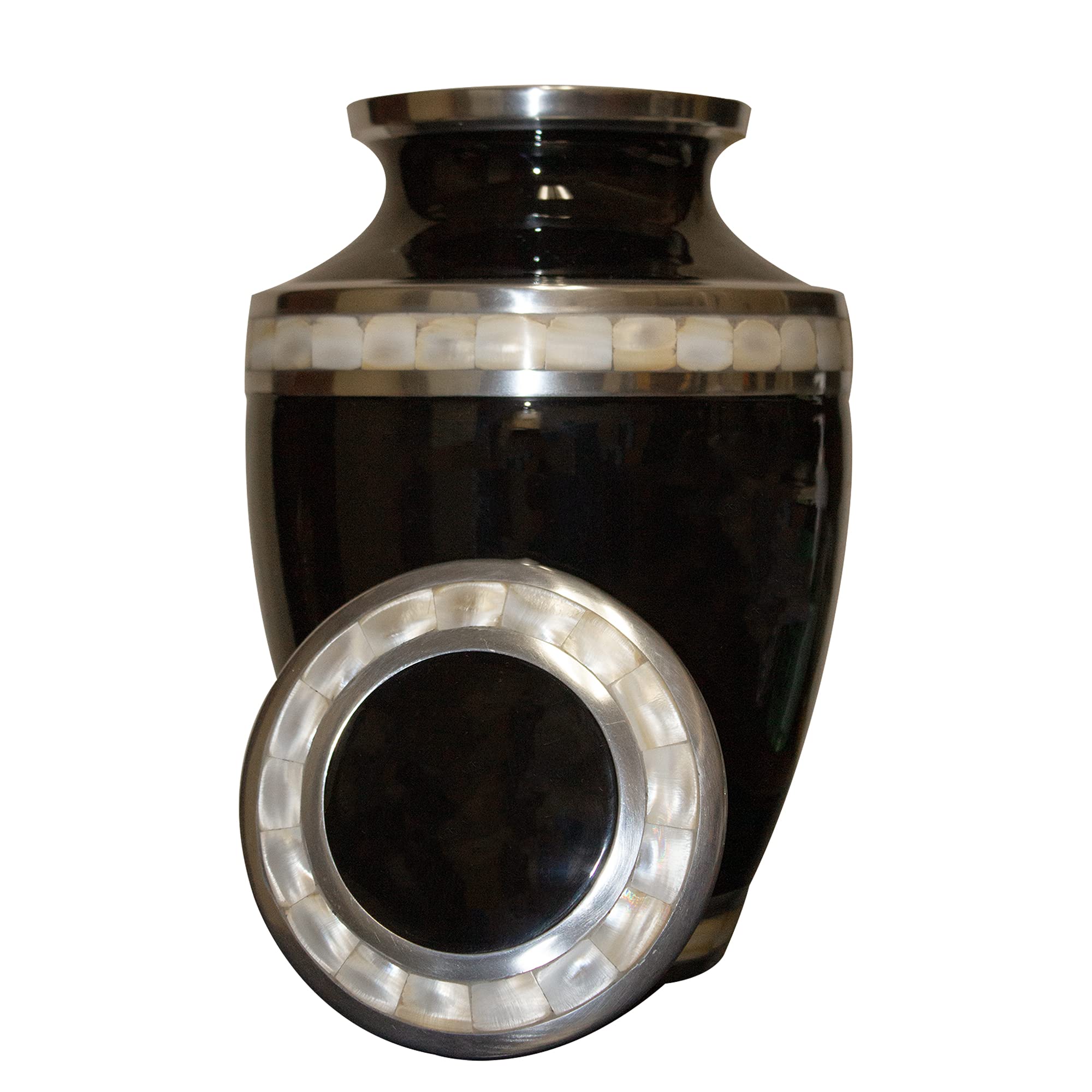 Elegant Large Mother of Pearl Funeral Urn with Velvet Bag for Ashes - Perfect for Memorial Services & Home Display (Black)
