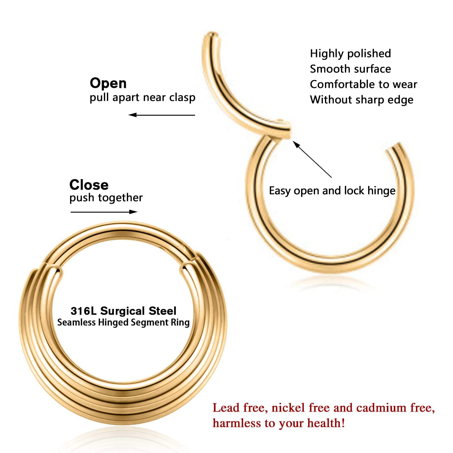 PEAKLINK 16G Surgical Steel Septum Clicker Ring, Daith & Conch Hoop Earrings - 2PCS Seamless Body Jewelry for Nose, Tragus, Helix, Rook, Cartilage & Lobe - 8mm & 10mm Hoop Earrings for Women & Men - Perfect for Everyday Wear & Piercing Healing