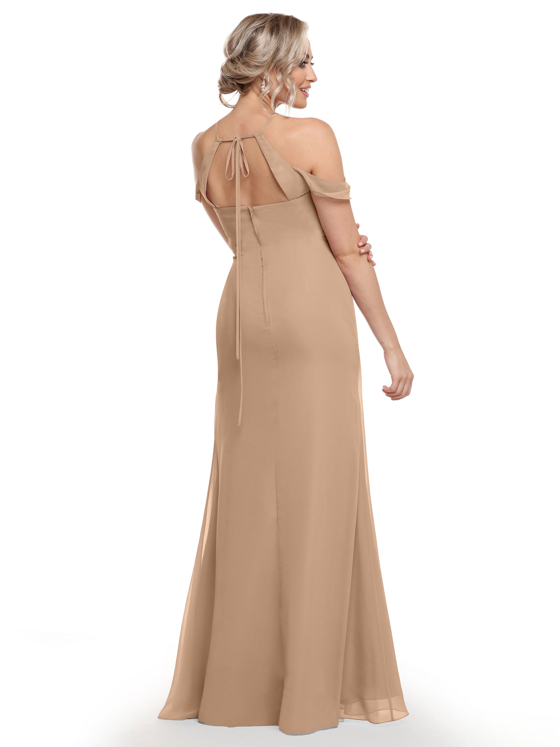 Elegant Off The Shoulder Chiffon Bridesmaid Dress with Halter Neckline - Perfect for Weddings, Formal Events & Special Occasions