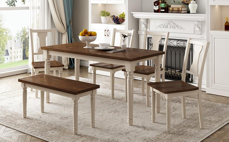 Classic 6-Piece Wooden Dining Set with Table, 4 Chairs & Bench for Kitchen & Dining Room - Brown & Cottage White | Perfect for Family Meals, Entertaining Guests & Small Space Dining